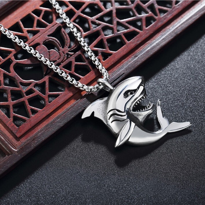 Mens Boys Girls Shark Fish Pendant Necklace Stainless Steel Chain Set