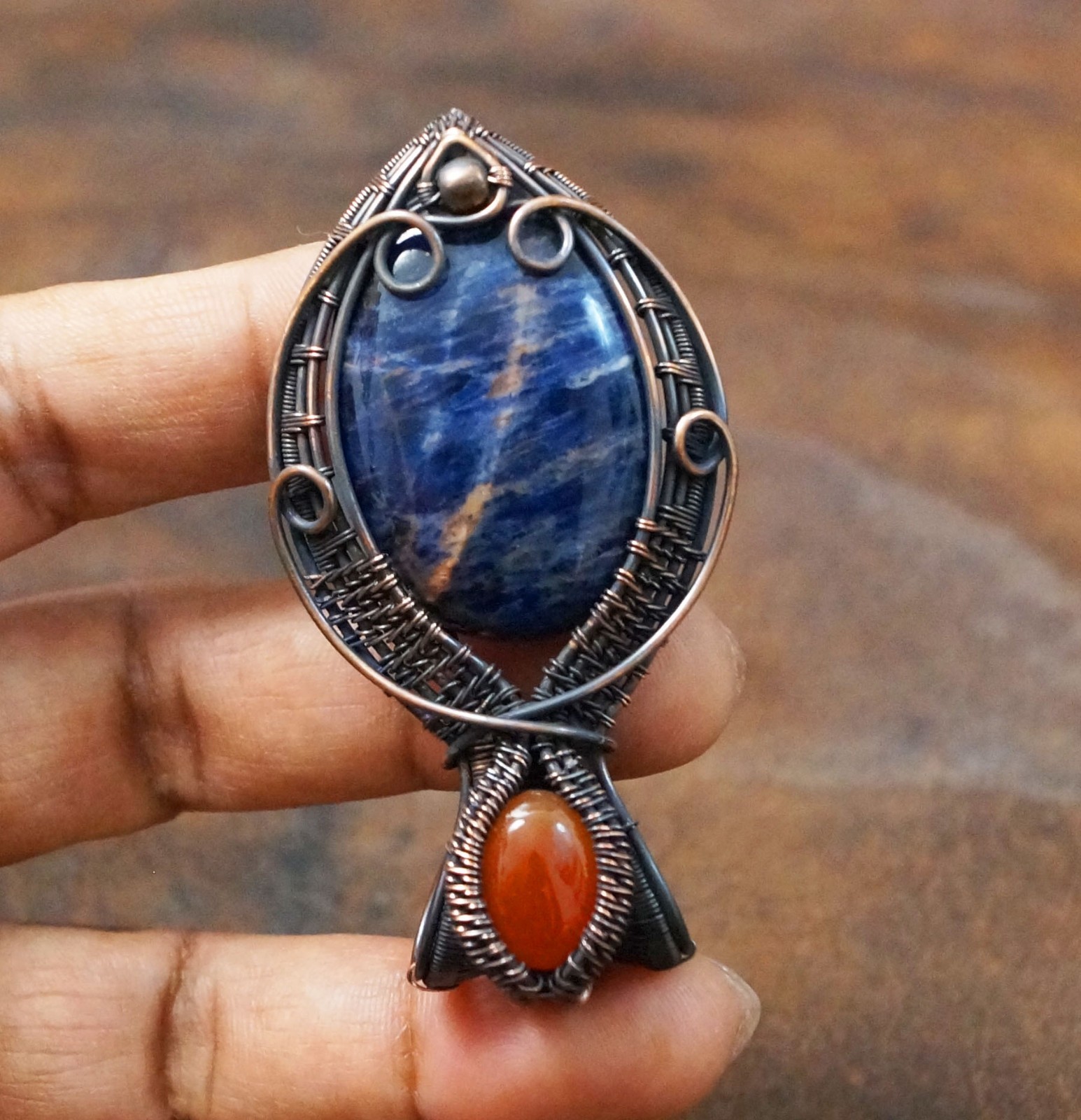 Sodalite Onyx Gemstone Copper Wire Wrapped Pendant Handmade Gift Jewelry (PD-102
