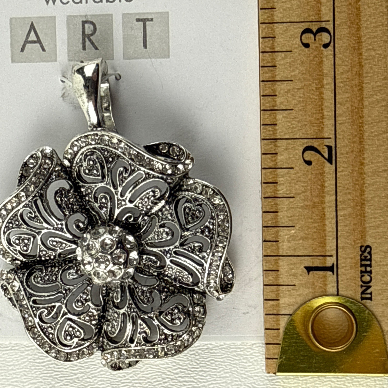 Wearable Art By Roman Silver Flower with Rhinestones Magnetic Closure NWT