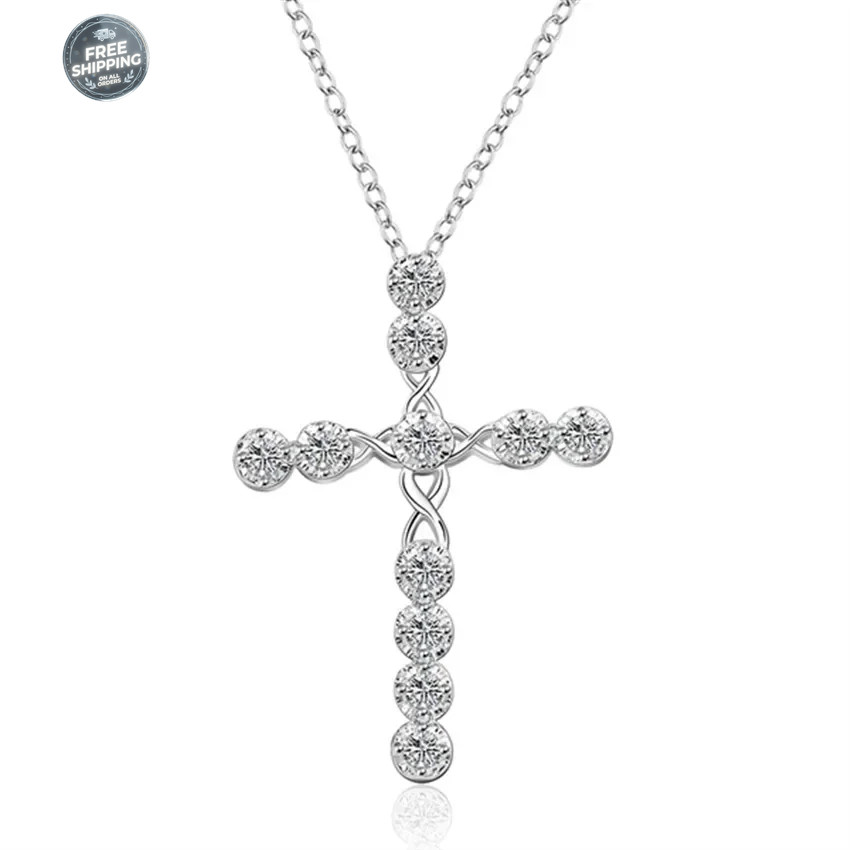 Womens 925 Sterling Solid Silver charm Cross Pendant Necklace 18” Link Chain