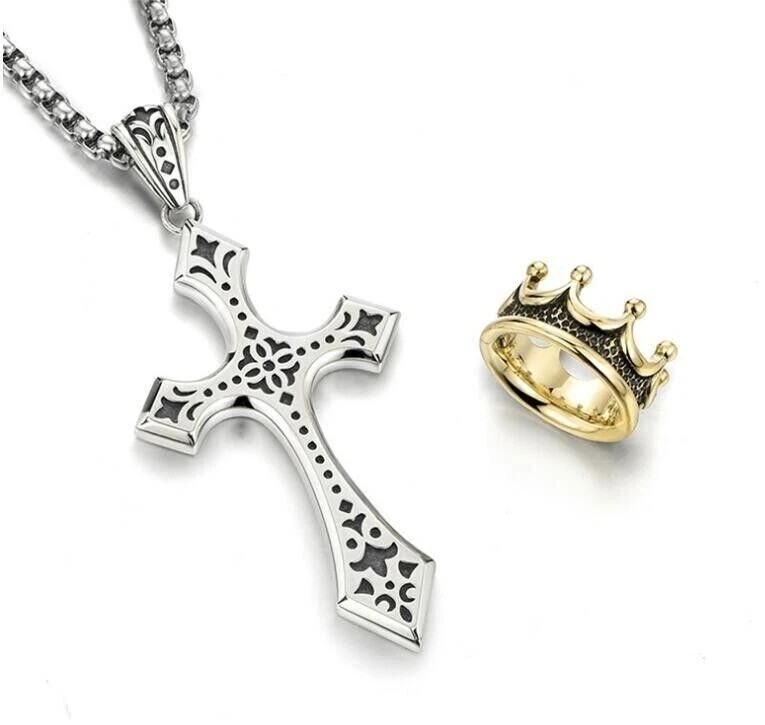 Mens Stainless Steel Cross Necklace with Gold Crown Pendant Christian Jewelry