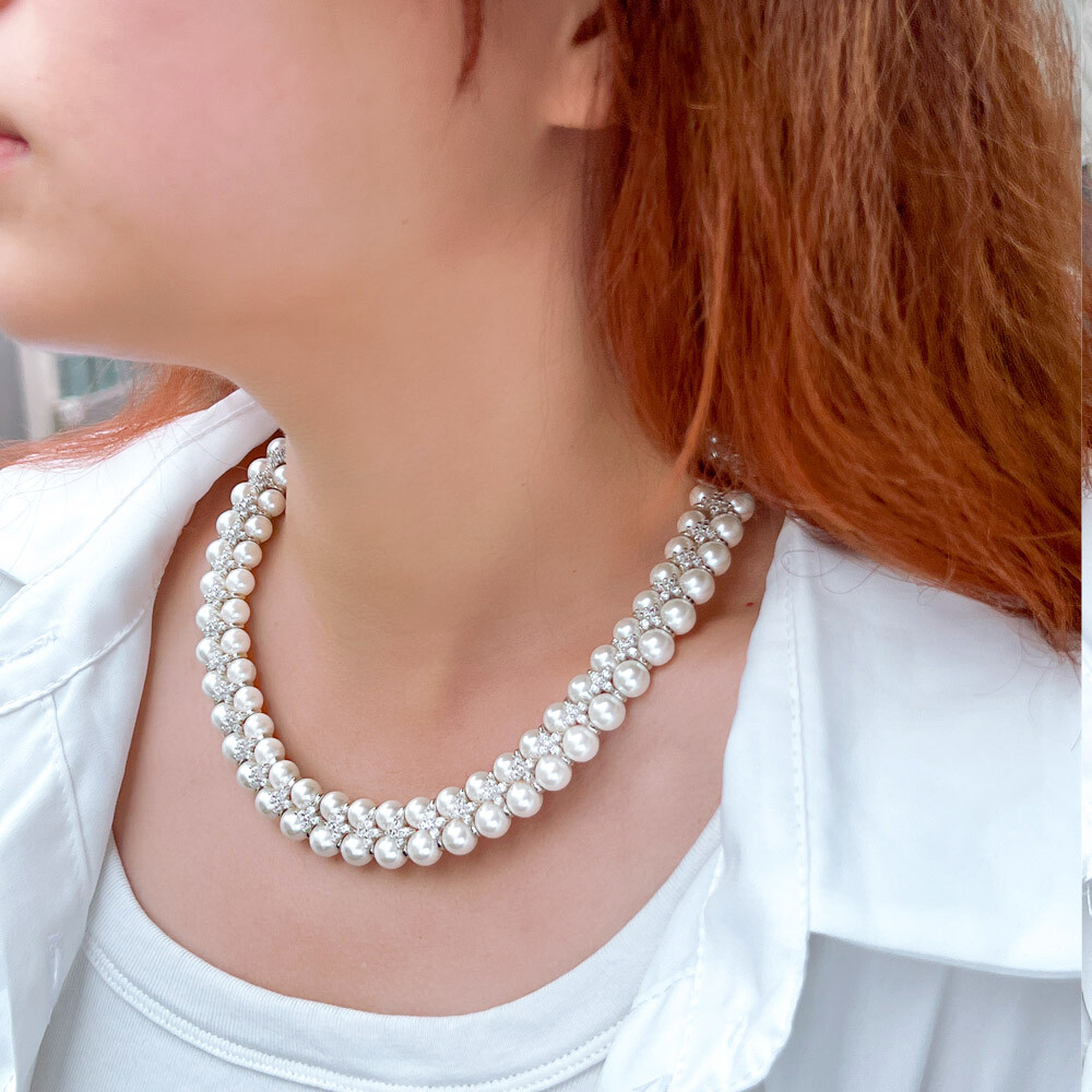 Handmade Pearl Cubic Zircon Multiple Cluster Wedding Engagement Choker Necklace