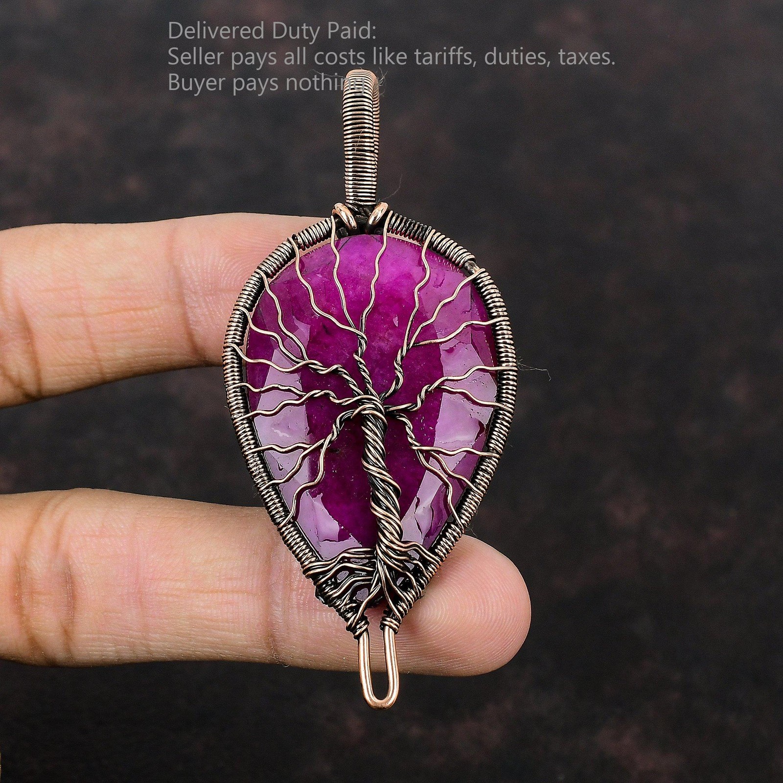 Copper Pear Kashmir Rubi Stone Wire Wrapped Tree Of Life Sister Birthday Pendant