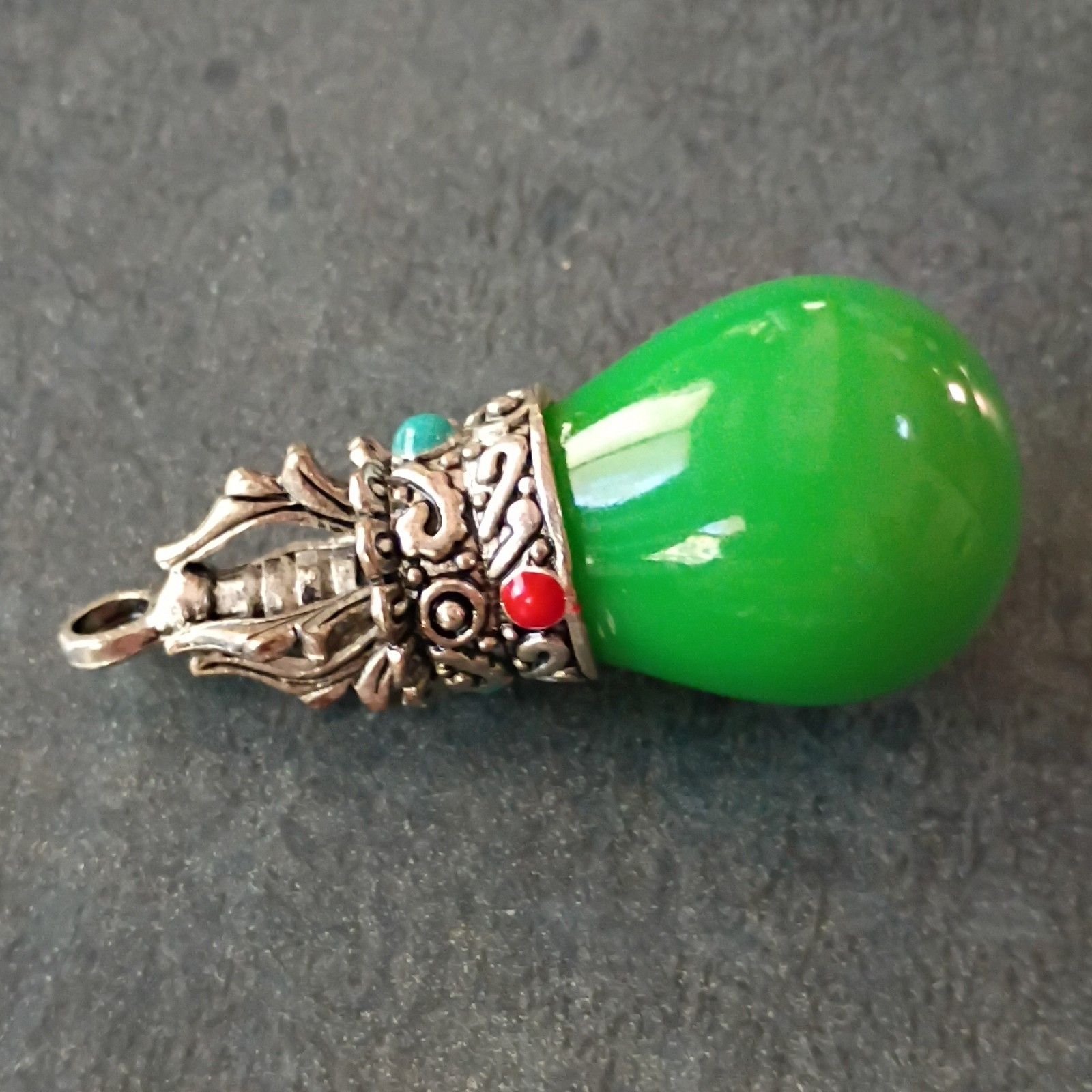Green Jade Teardrop Charm Pendant Silver Tone Ornate Cap w/ Bail Loop