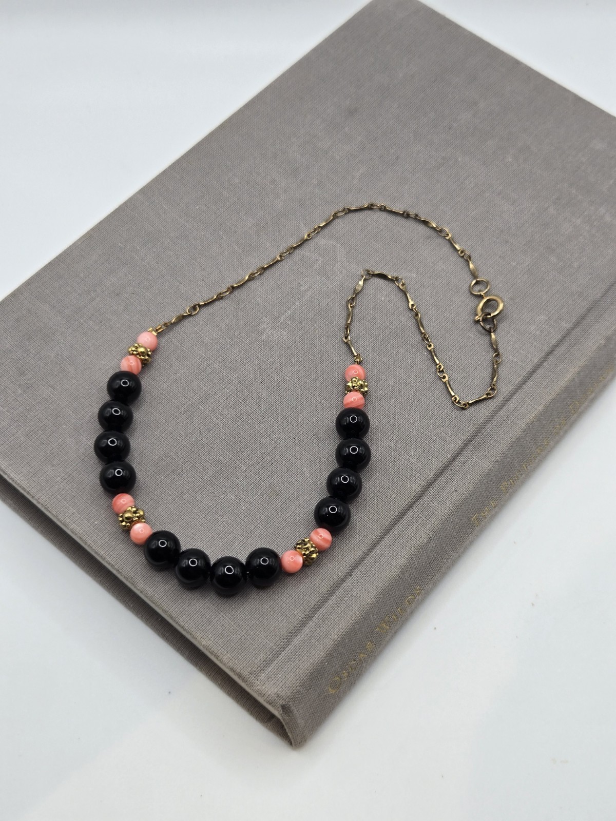 Black Onyx Rhodochrosite Pearls Beaded Choker Necklace 15″ Pink Beads Gold Chain