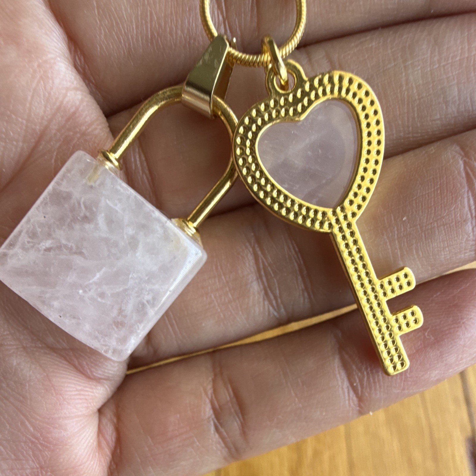 Gold Tone Snake Chain Necklace Rose Quartz Heart Key Padlock Charms