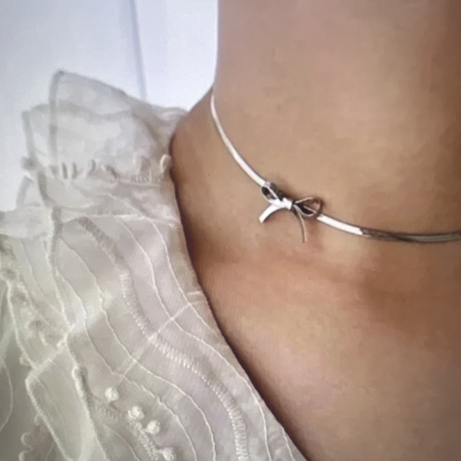 Silver Tone Metal Snake Chain Bow Charm Pendant Choker Necklace, Pendant