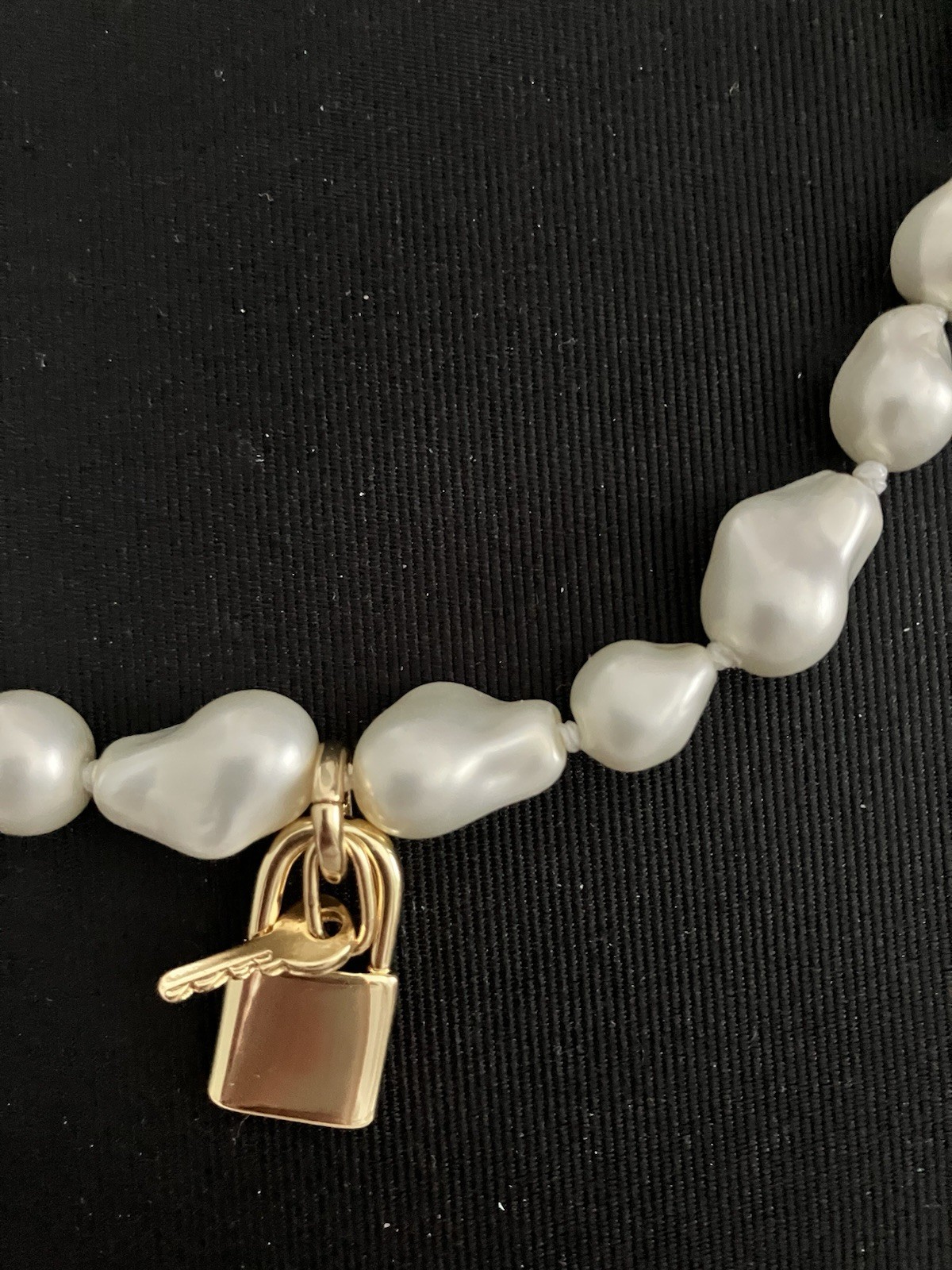 NWT J Crew White Baroque Pearl Beaded Necklace Gold Tone Padlock Key Charm