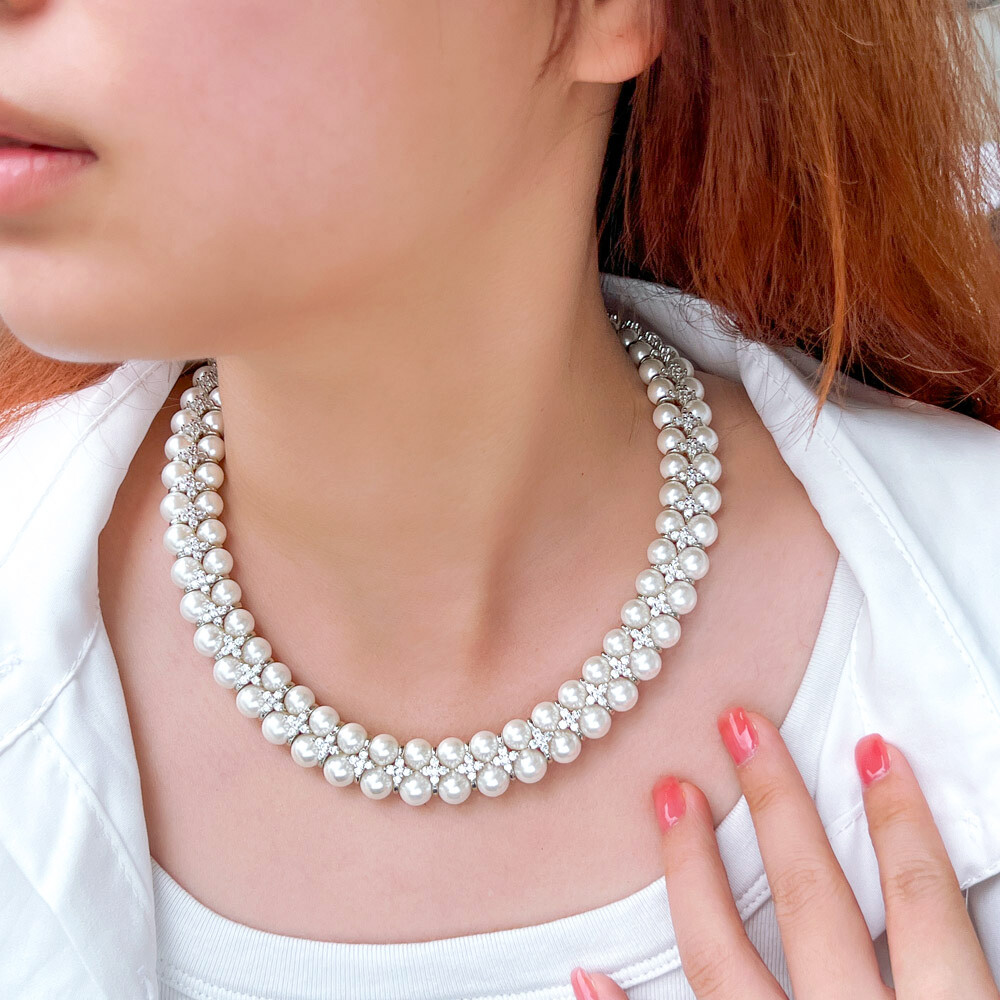 Handmade Pearl Cubic Zircon Multiple Cluster Wedding Engagement Choker Necklace