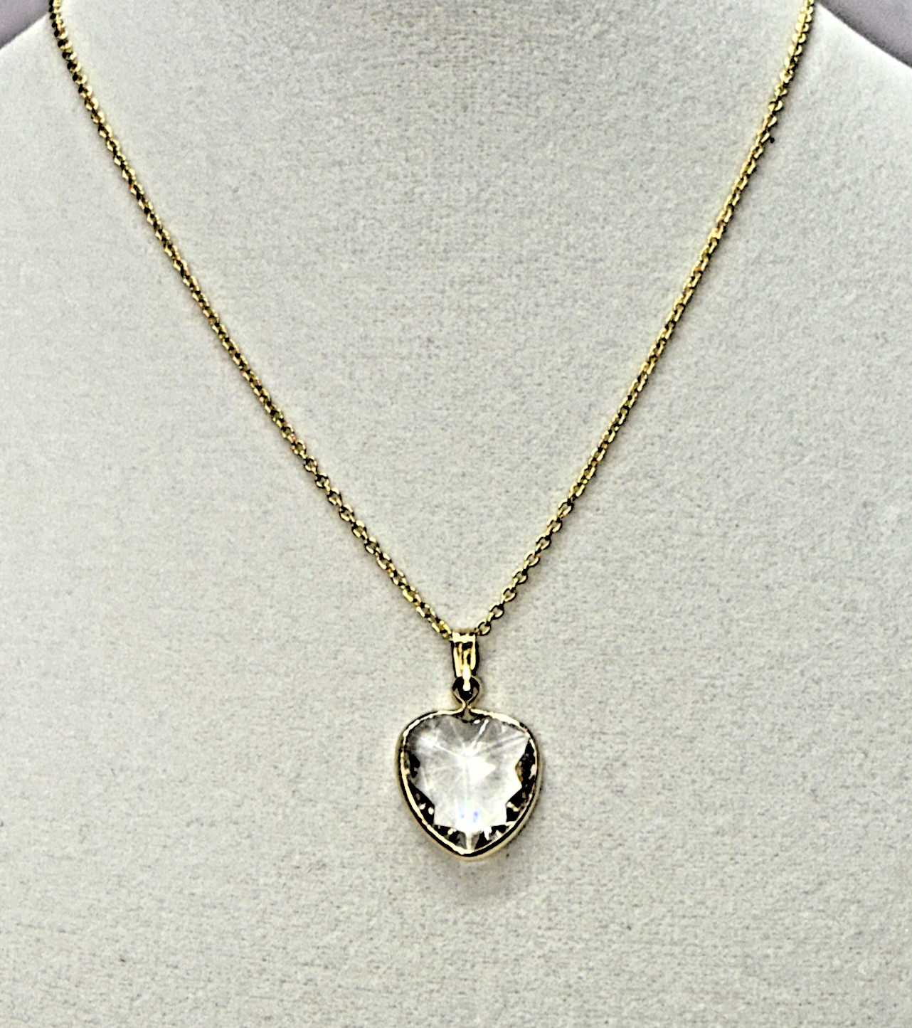 Vintage 14K GE W Lind Gold Clear Crystal Heart Pendant Necklace Layering Chain