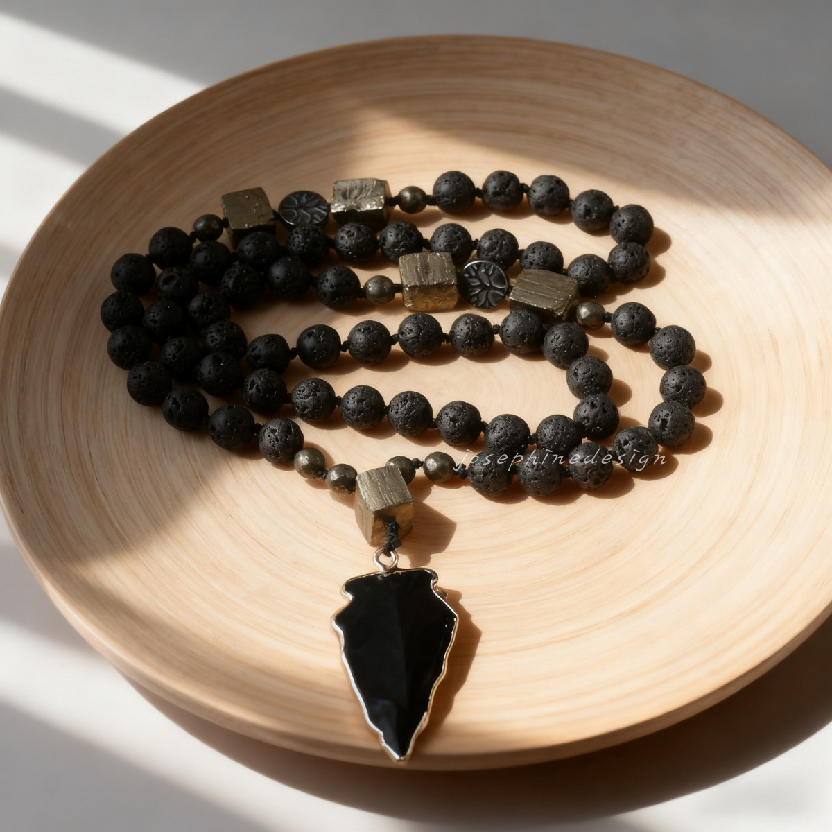 Lava Rock Volcano Stone Beaded Necklace with Natural Obsidian Arrowhead Pendant