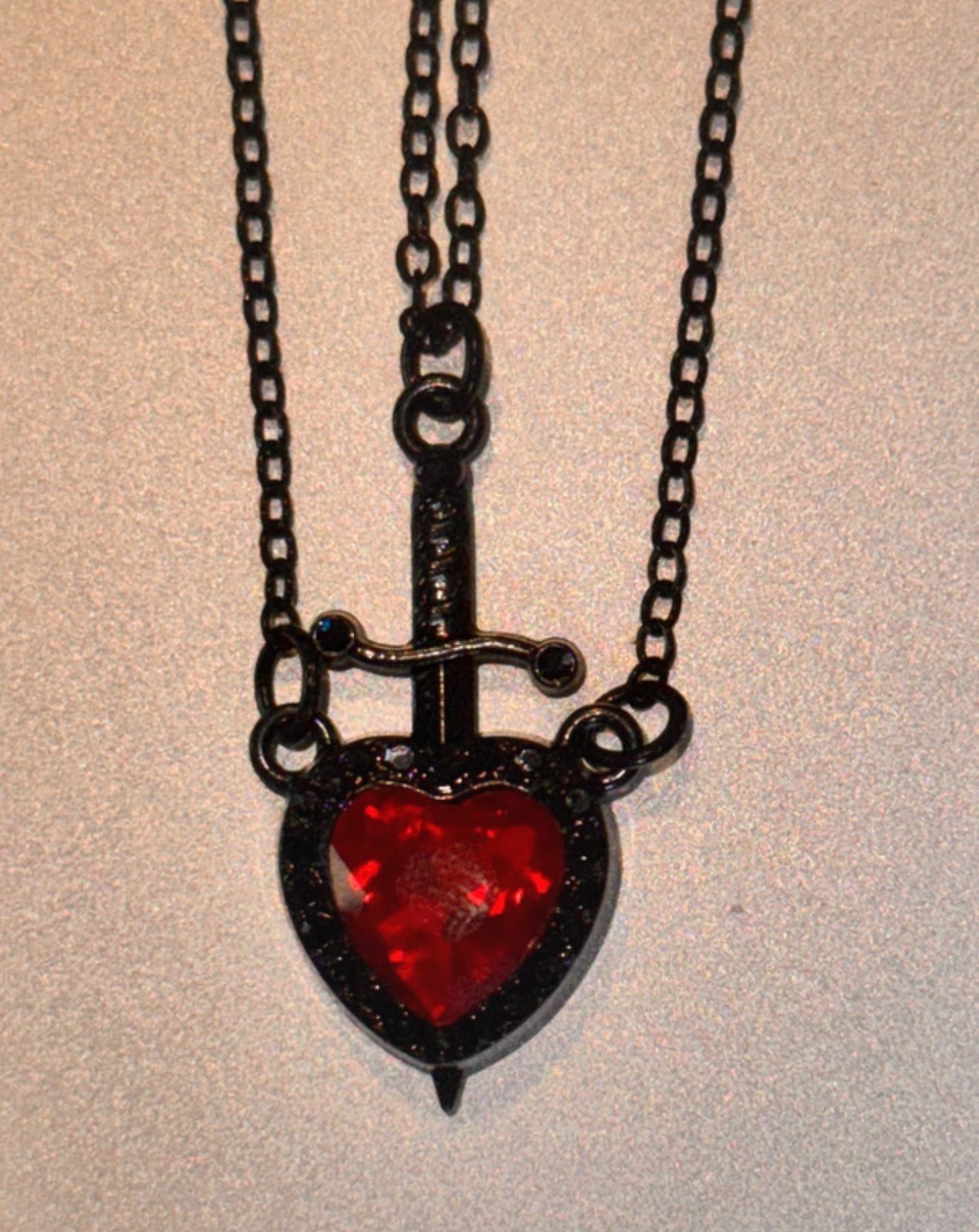 Silver Black Gothic Red Heart & Dagger Pendant Couple Necklace & Free Gift