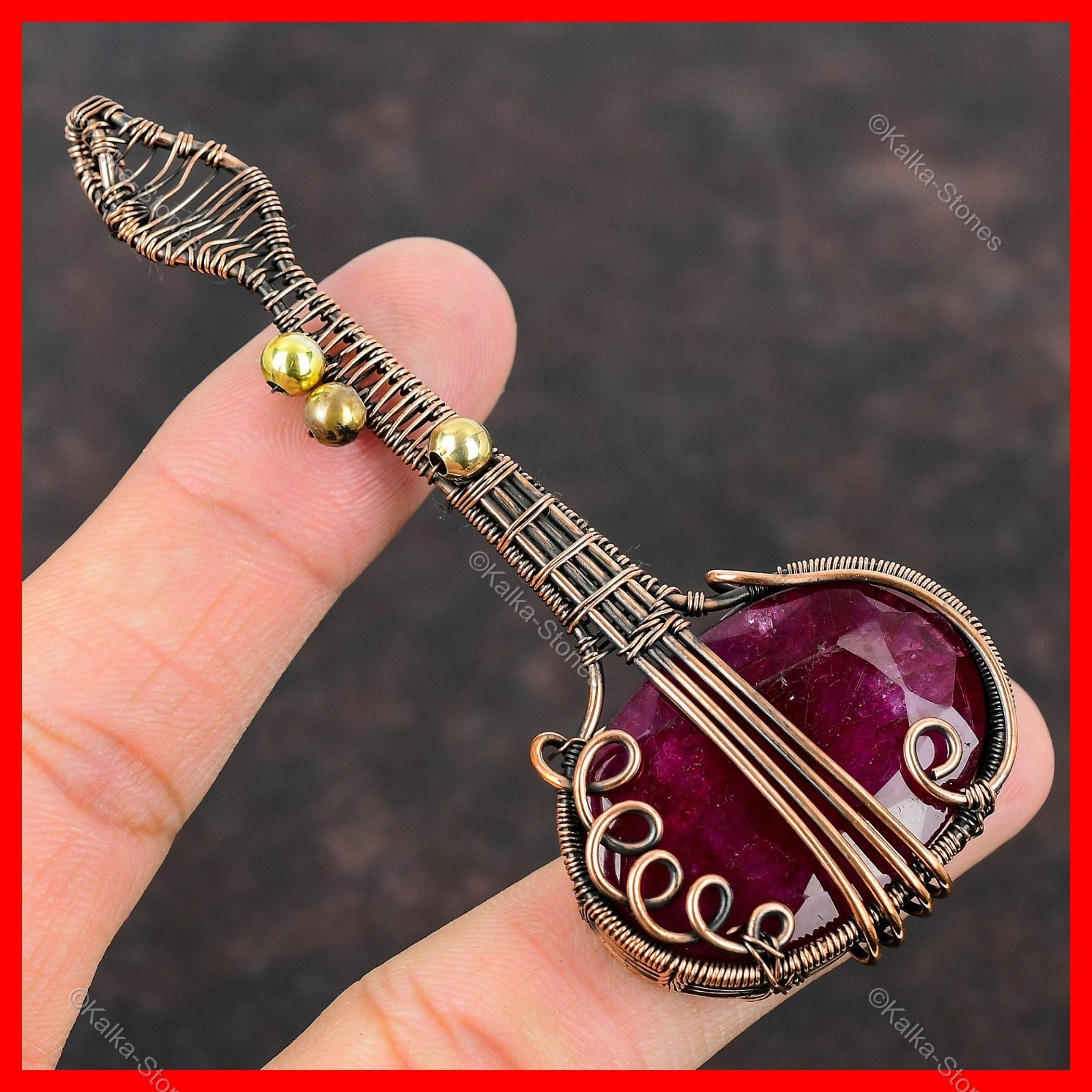 Copper Kashmir Rubi Gemstone Daughter Guitar And Wire Wrapped Pendant Jewelry