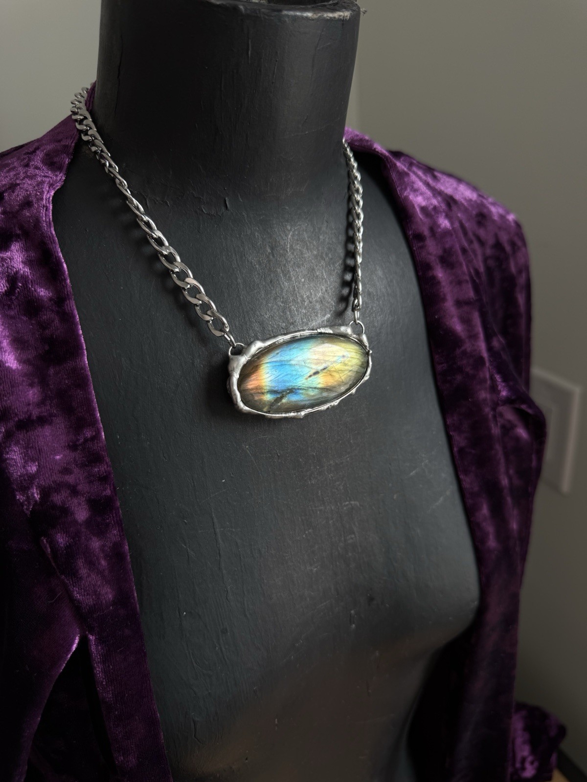 Labradorite Crystal Gemstone Necklace Pendant Statement Jewelry Rocker Biker