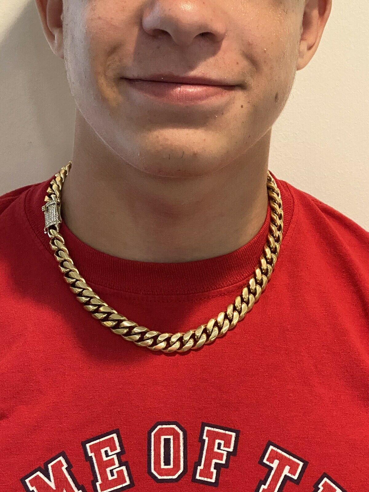 Mens Miami Cuban Chain 14k Gold Plated SS Choker Simulated Diamond Box Lock 18″