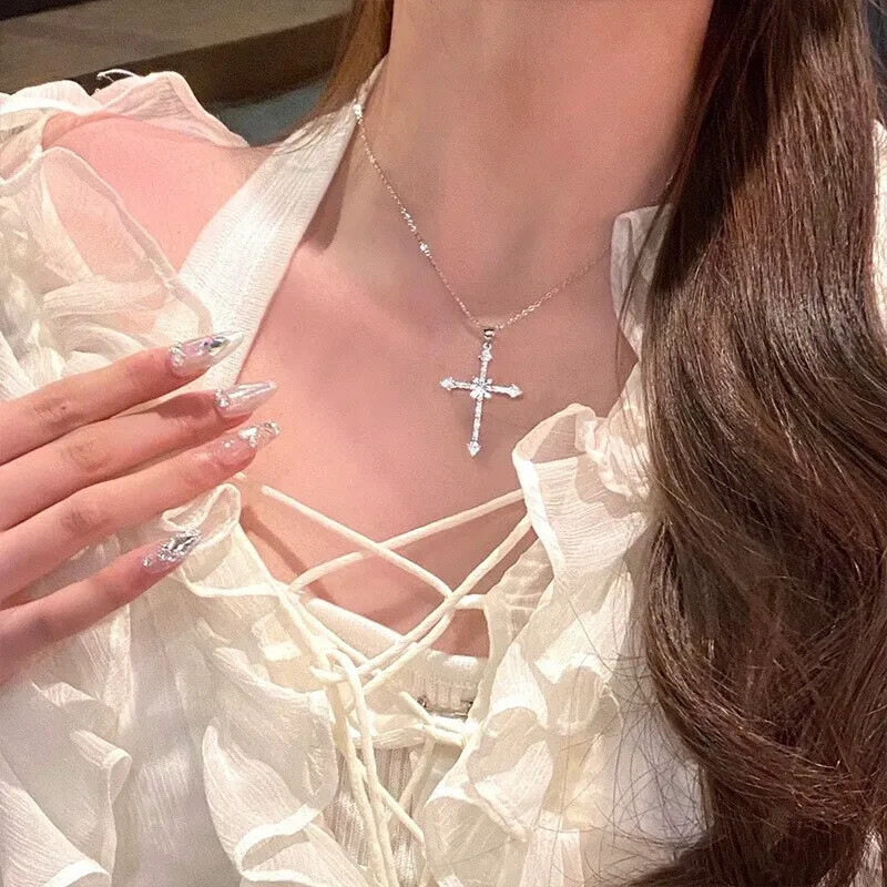 Cross elegant necklace pendant simulated diamonds size 40mm by 26mm