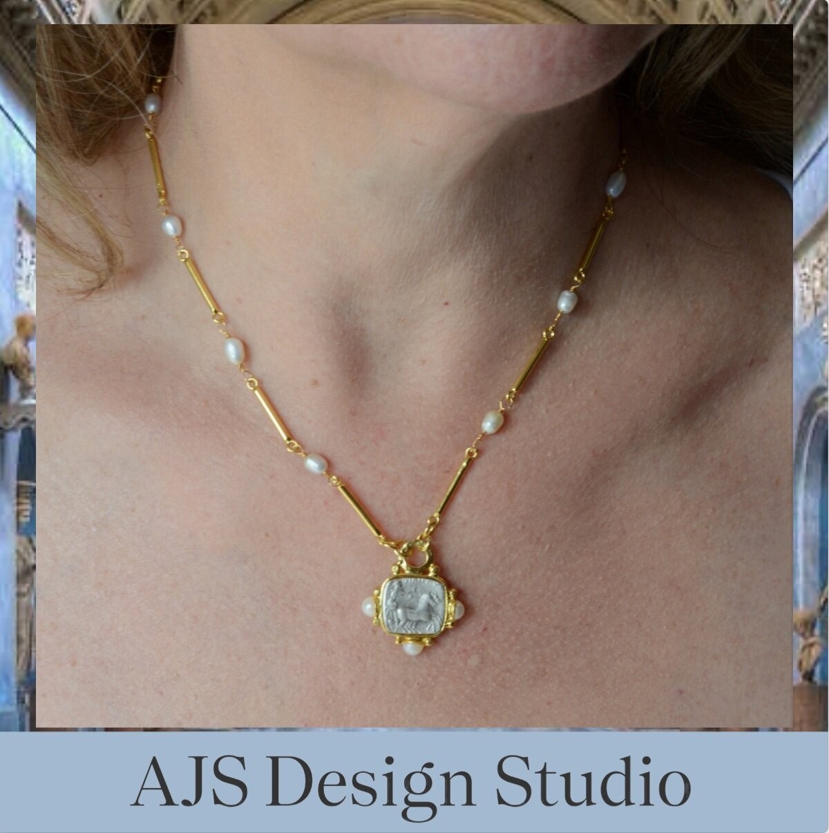 AJS Designs Roman Coin Necklace Pearl Gold Bar 22kt GP Gift