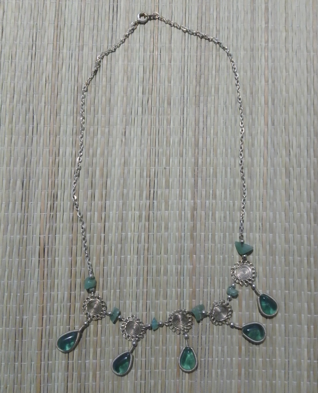 Green Teardrop Necklace with Silver Tone Swirls and Green Stones 46cm Long