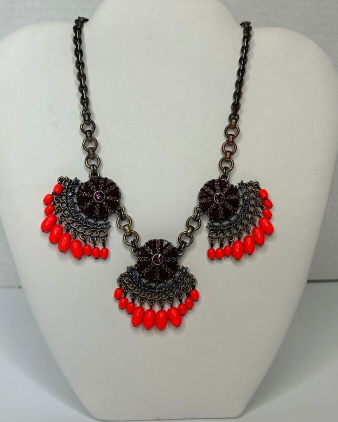 J Crew Necklace 18in +3 Brass Tone Neon Orange Bead Purple Crystals READ Flaw