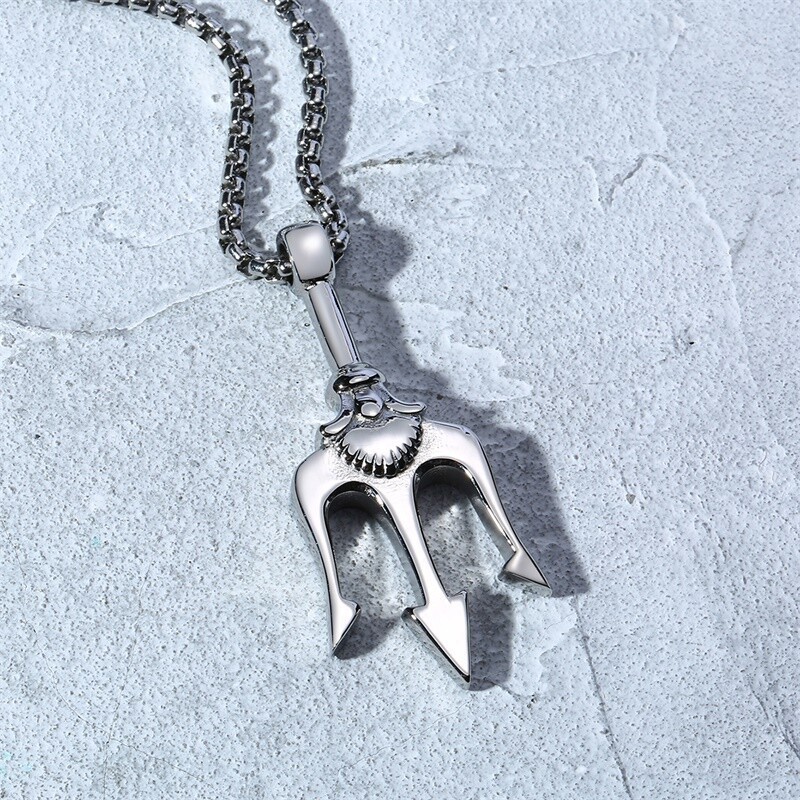 Silver Punk Trident Three-pronged Spear Pendant Necklace Chain Biker Jewelry Men