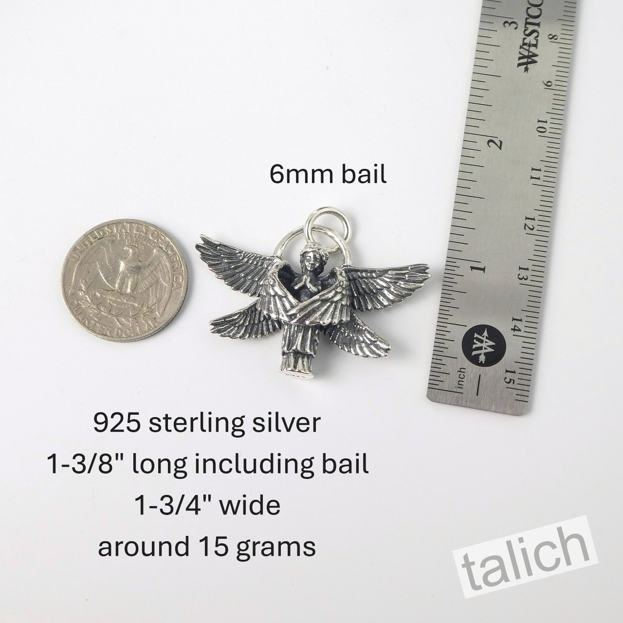 925 Sterling Silver Six Winged Praying Guardian Angel Pendant Protection Amulet