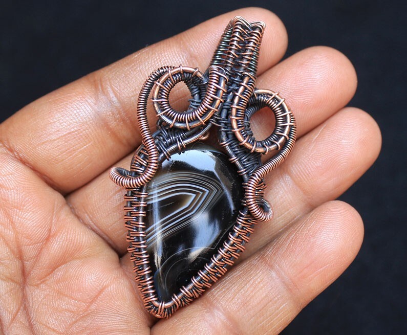 Halloween Gift Pendant Banded Agate Gemstone Jewelry Copper Wire Wrap N203