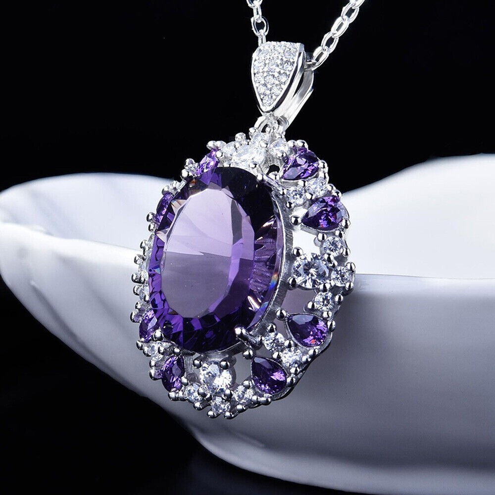 Oval Simulated Amethyst Women’s Stunning Fancy Pendant In 14K White Gold Plated