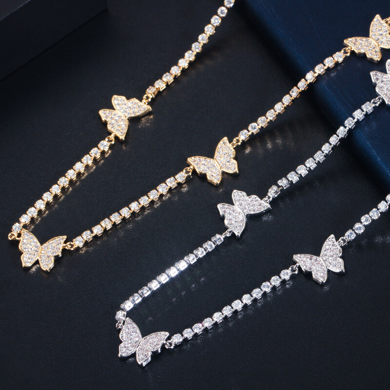 Cubic Zirconia Tennis Butterfly Connect Clavicle Round Choker Necklace for Women