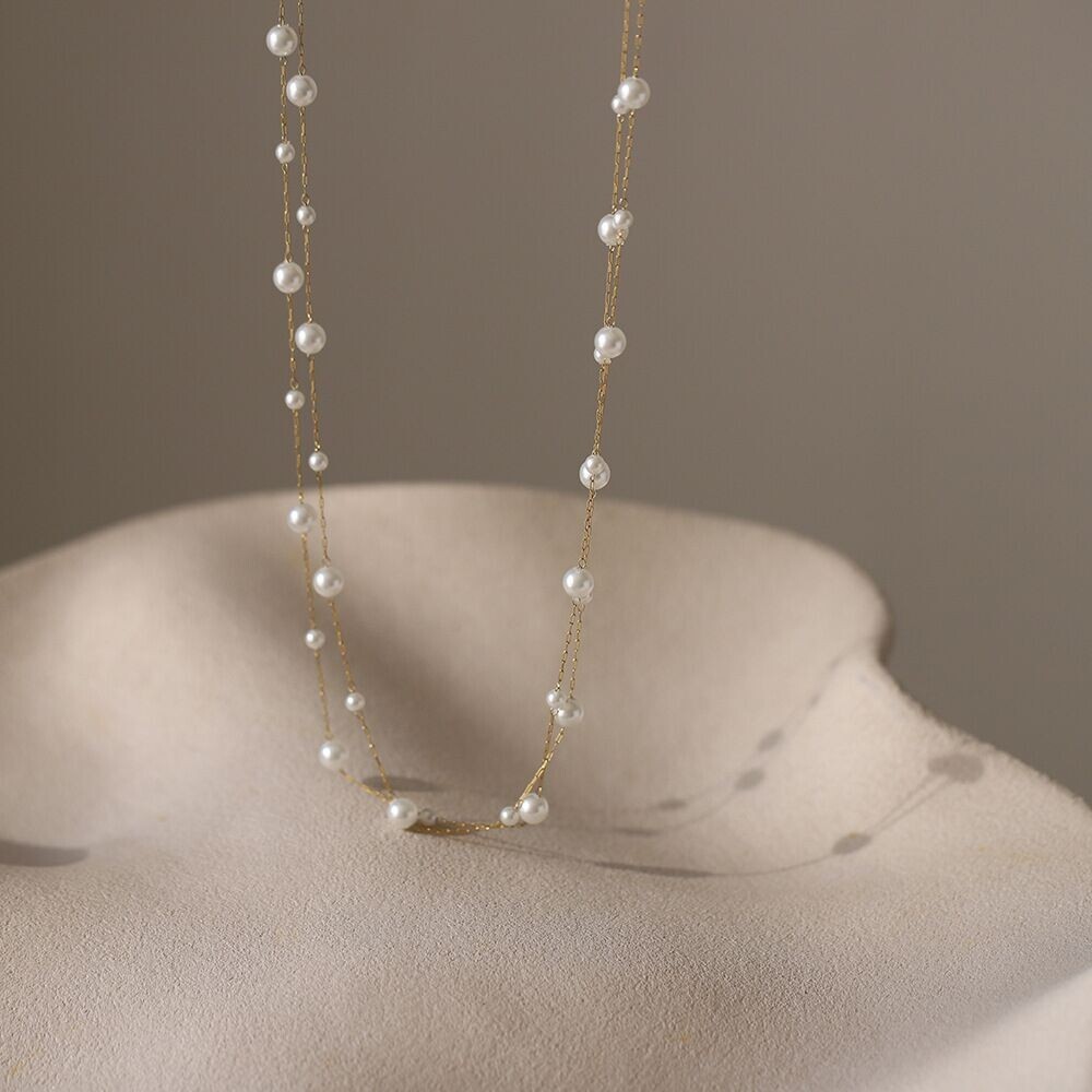 Woman 18K Gold Plated Stainless Steel Pearl 2 Layers Chain Necklace