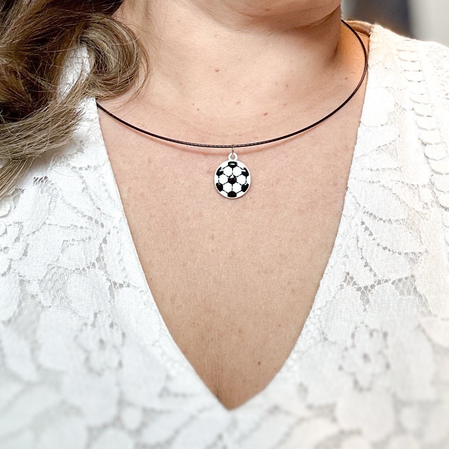 Soccer Ball Necklace on Black Screw-Closure Choker, For Kids Or Adults
