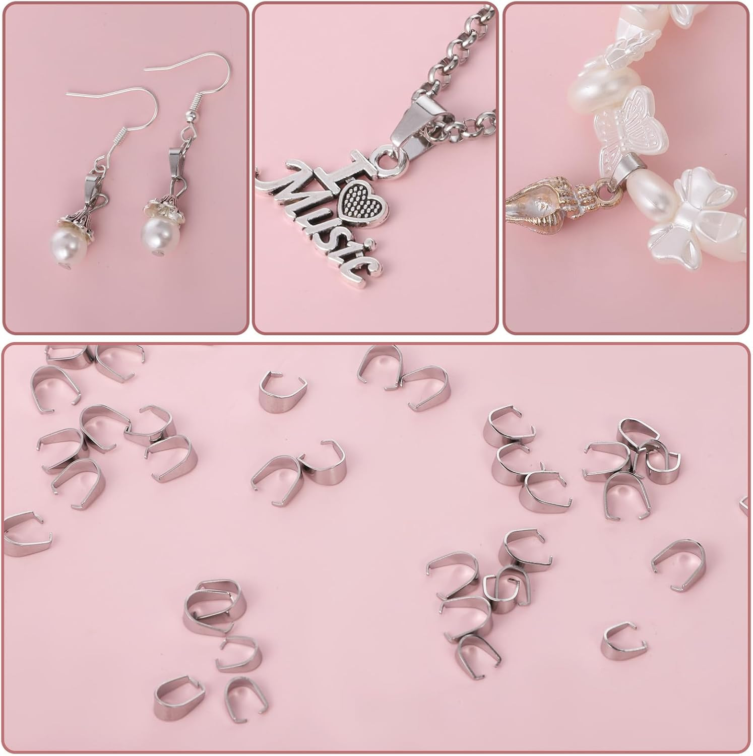 Necklace Pendant Clasp, 150 Pcs 304 Stainless Steel Snap on Bails Silver Pinch