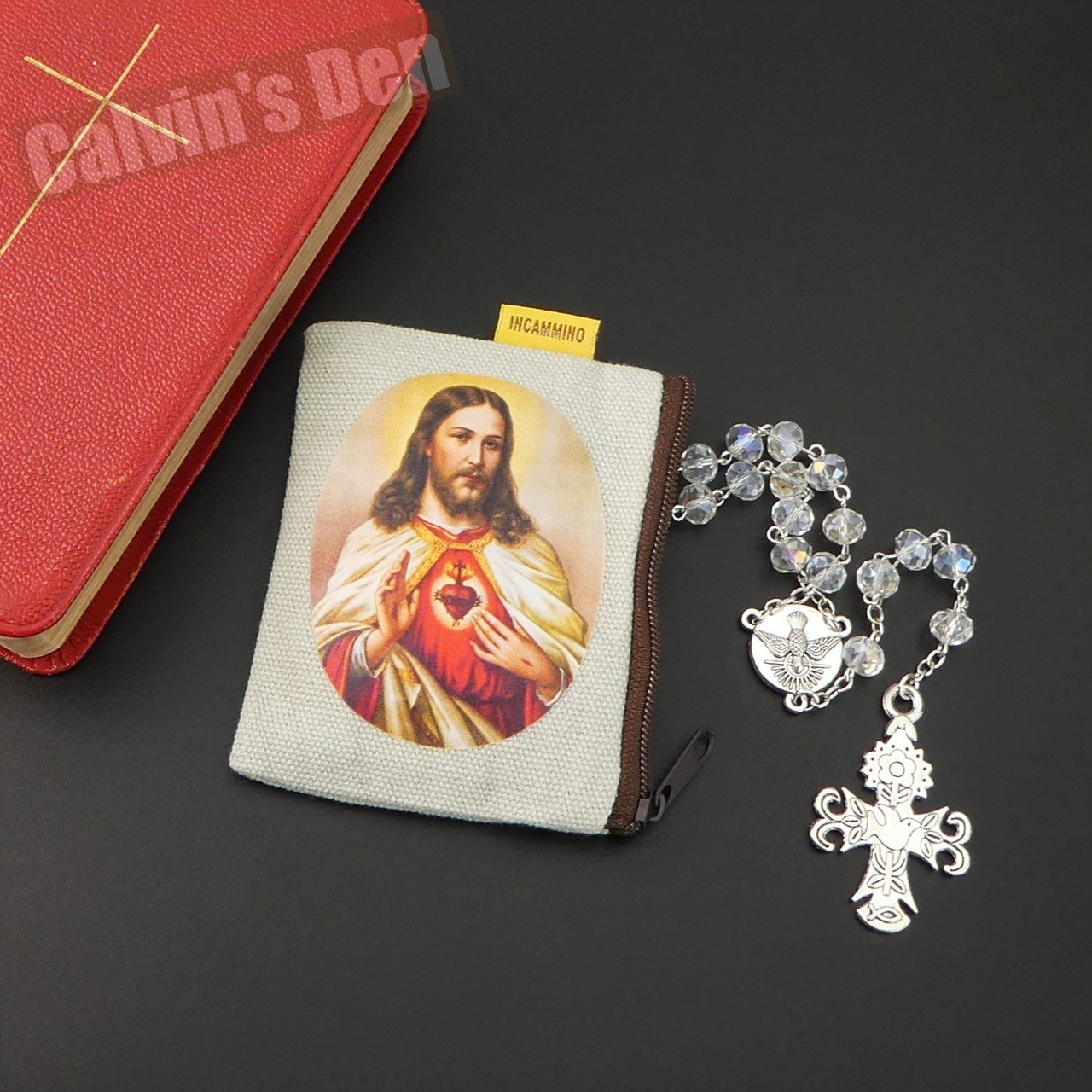 Holy Spirit Dove AB Clear Crystal Bead Cross Rosary Necklace Men Women Gift