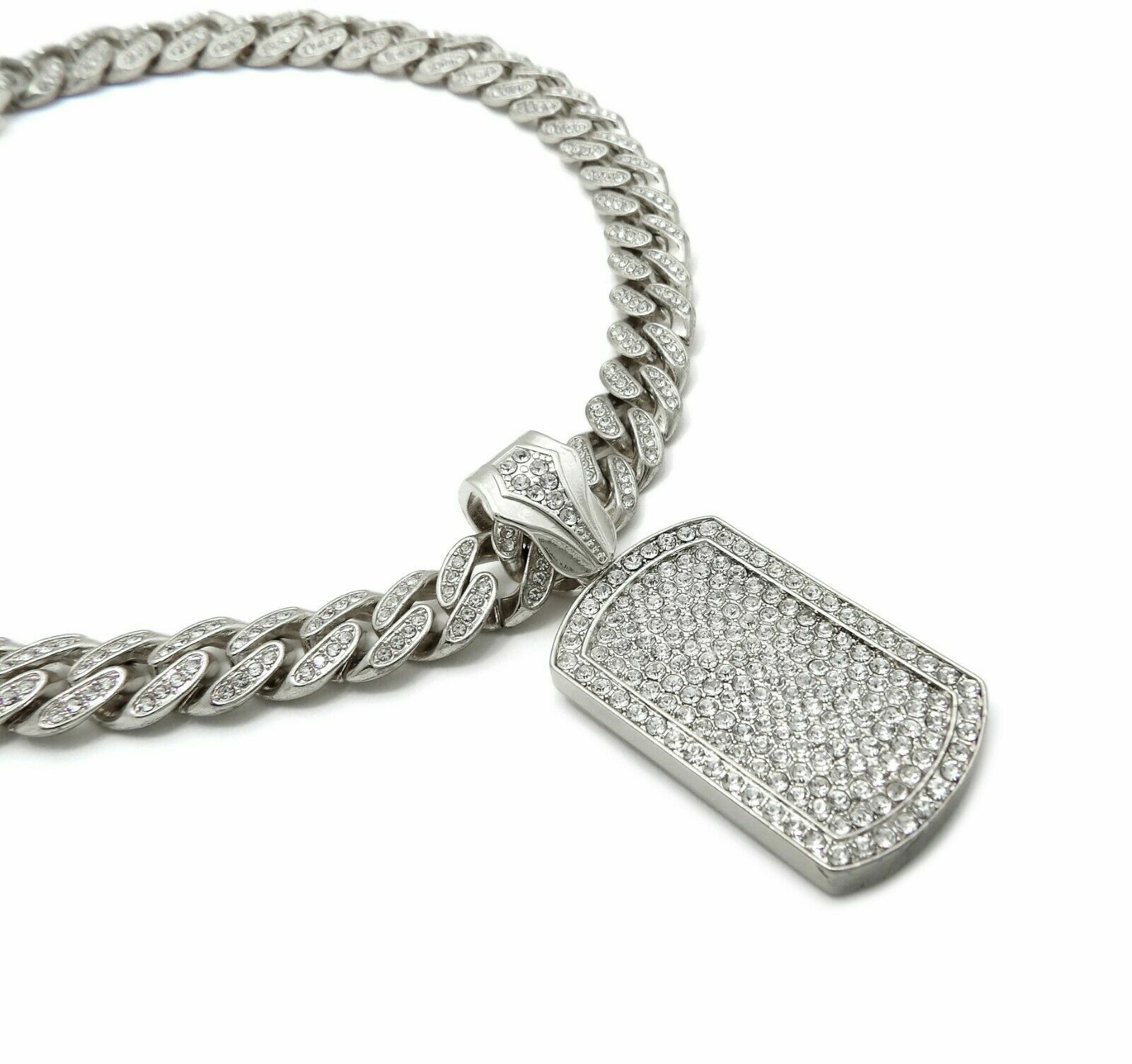 Hip Hop Dog Tag Bling pendant & 12mm 18″ Full Iced Cuban Choker Chain Necklace