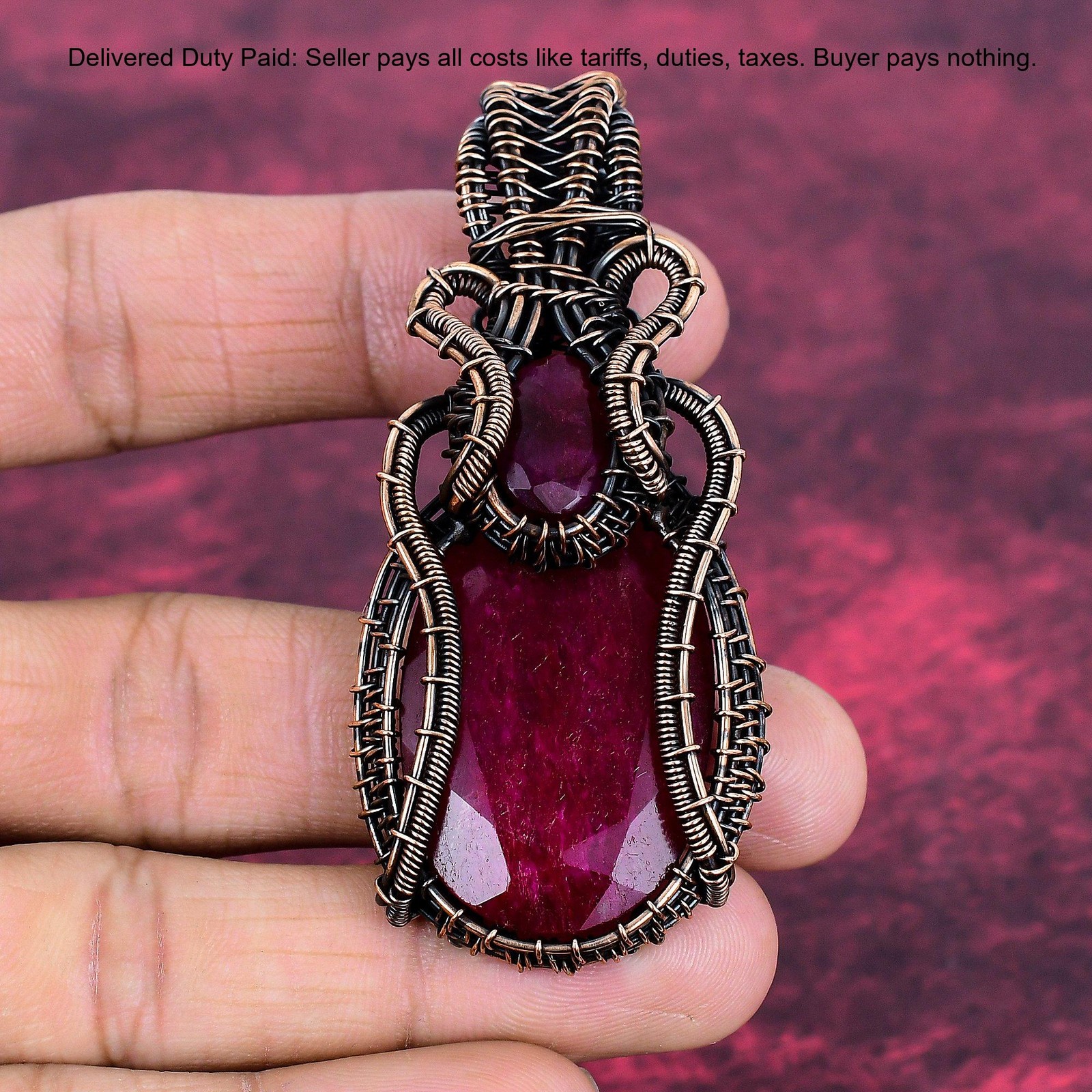 Copper Kashmir Rubi Gemstone Anniversary Wire Wrapped Wife Artisan Boho Pendant