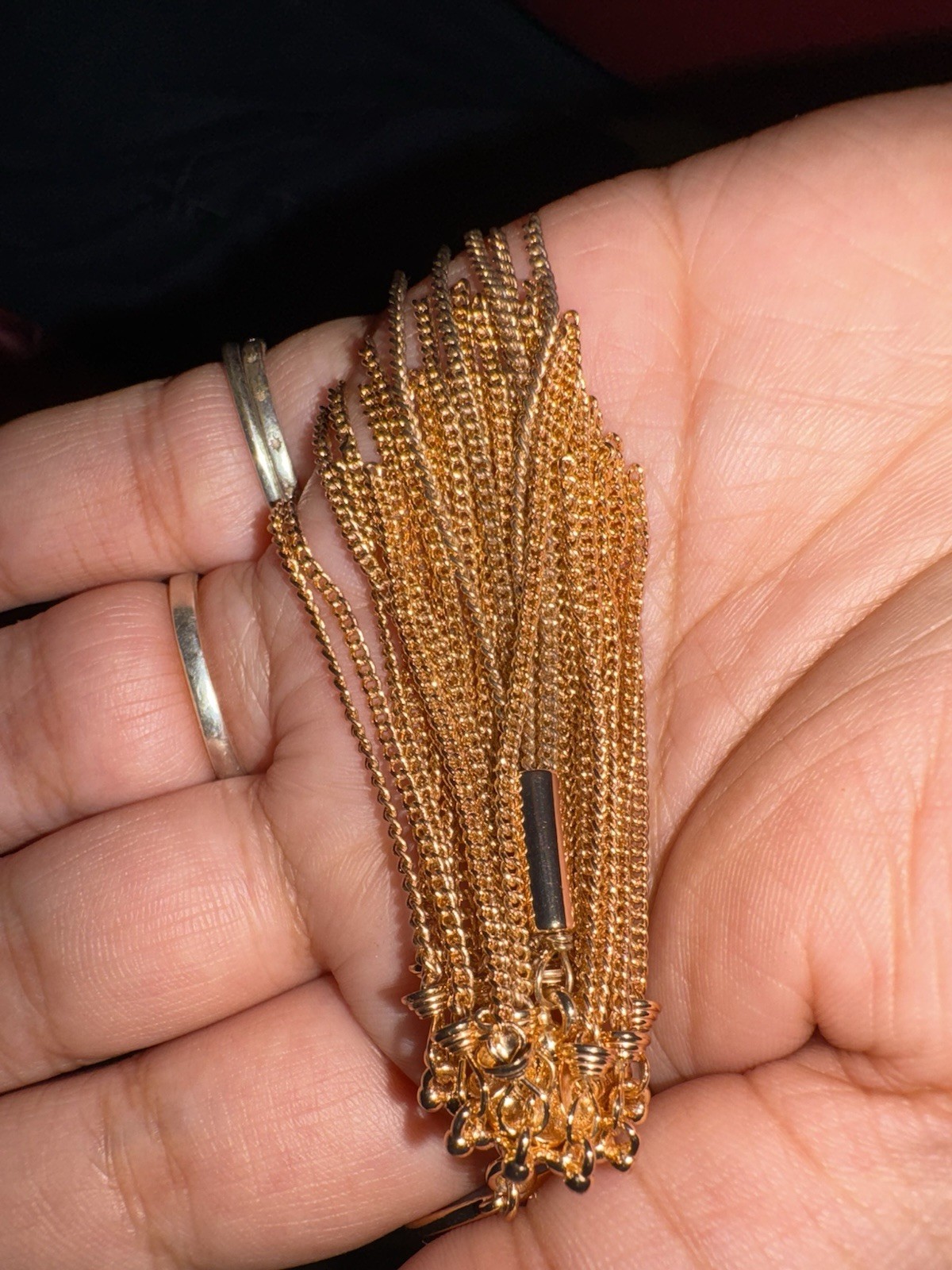 Gold Tone Rope Chain Necklace Gray Oval Agate Pendant Tassel Lobster Clasp