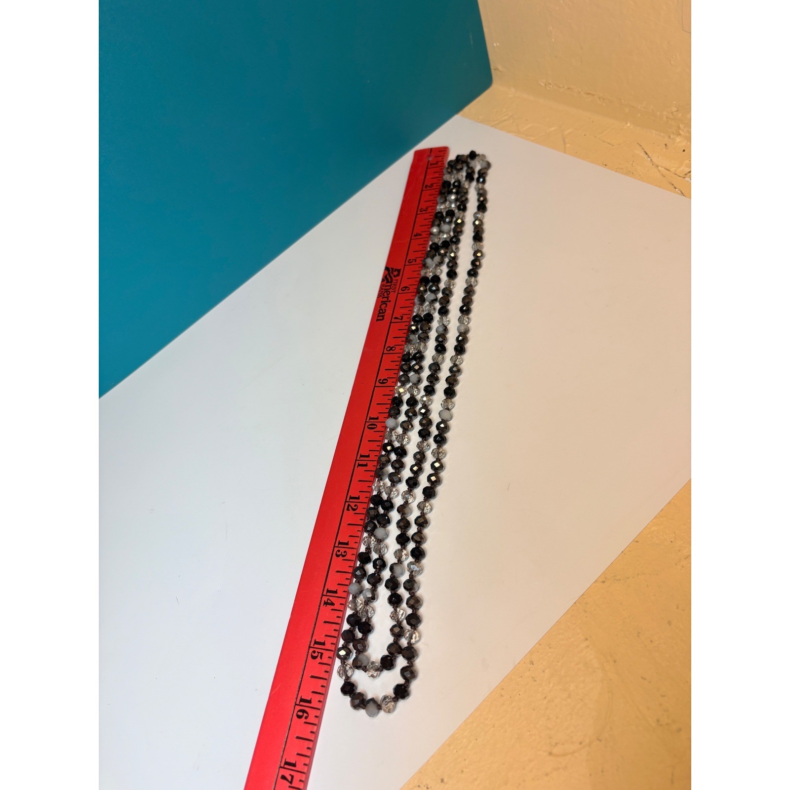 Black Grey Clear Faceted Glass Bead Hand Knotted Opera Length Necklace 60 Inch