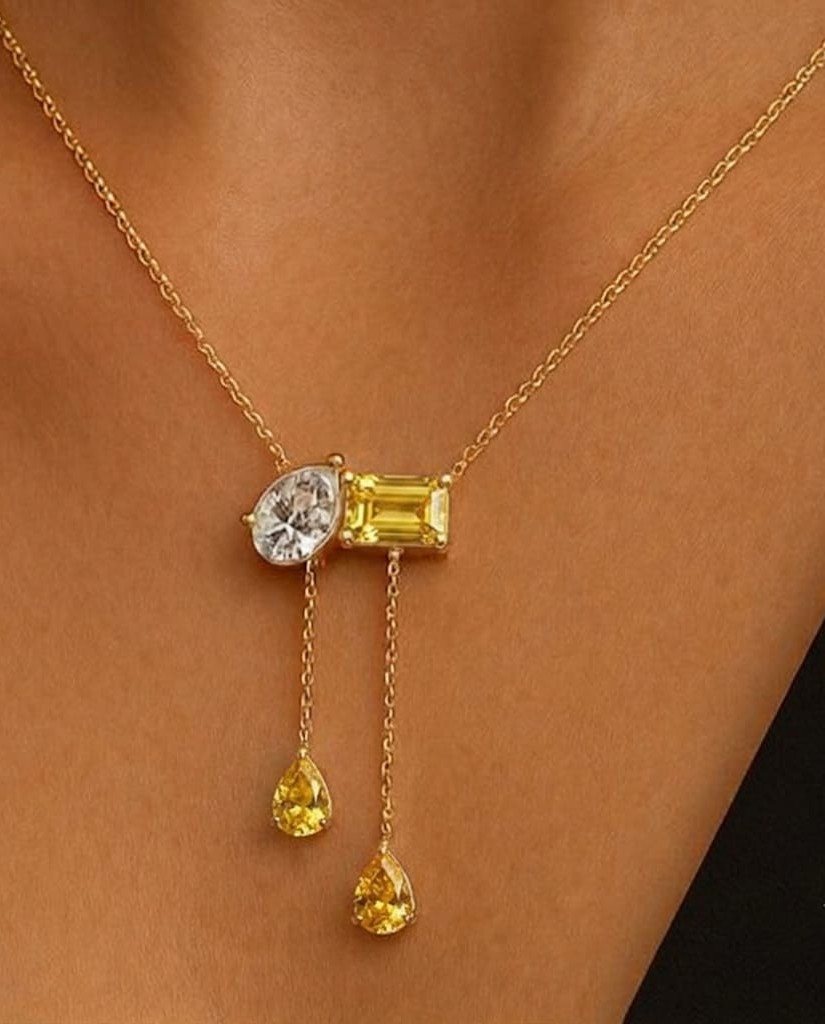 4ct Pear Cut Simulated Yellow Citrine/Diamond Art Necklace 14k Rose Gold Plated