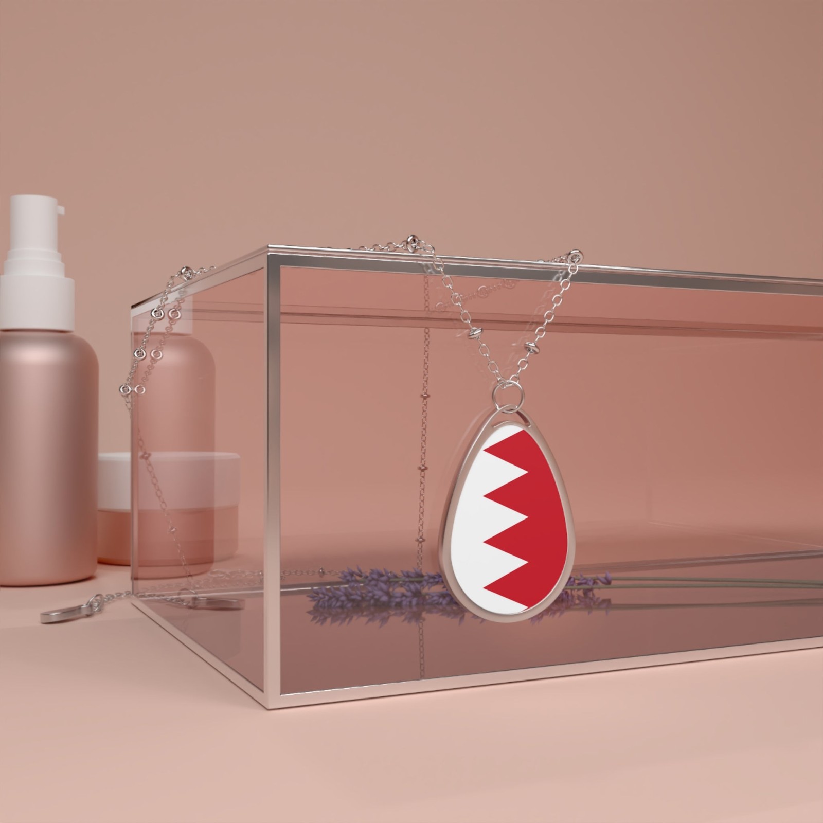 Bahrain Flag Oval Necklace – Bahraini Pride Pendant – One Size / Silver