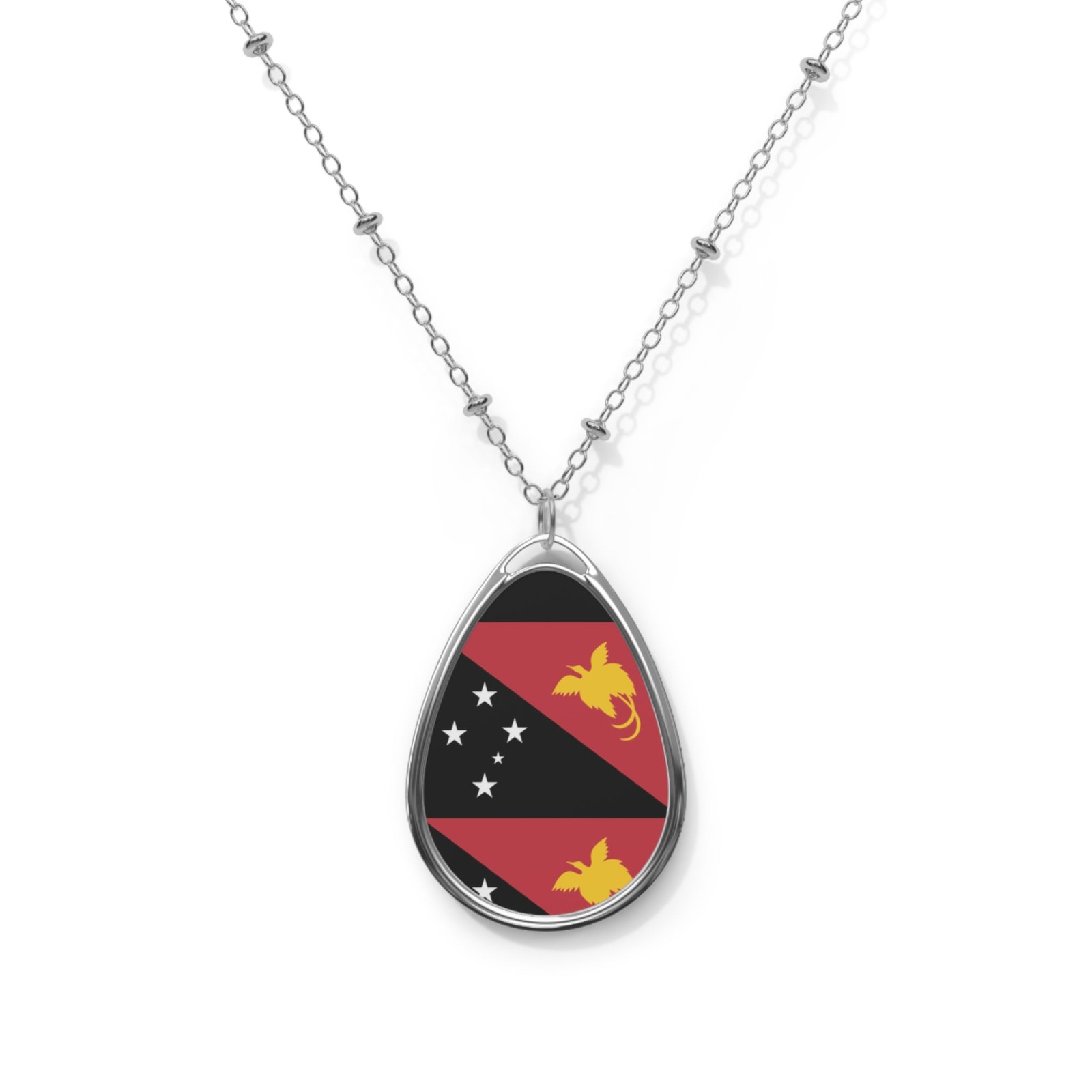 Papua New Guinea Flag Necklace – Oval Heritage Pendant – One Size / Silver
