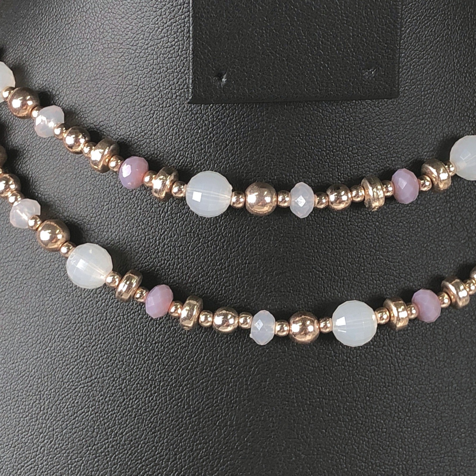 NY New York & Company Flapper Necklace Gold Tone Tassel Pink Glass Beaded Lariat