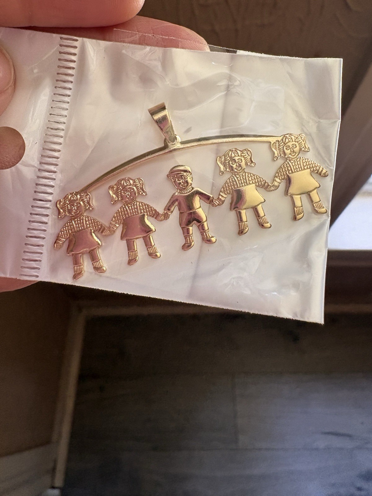 Gold Tone Family Charm Pendant, Asymmetrical Shape, No Stone