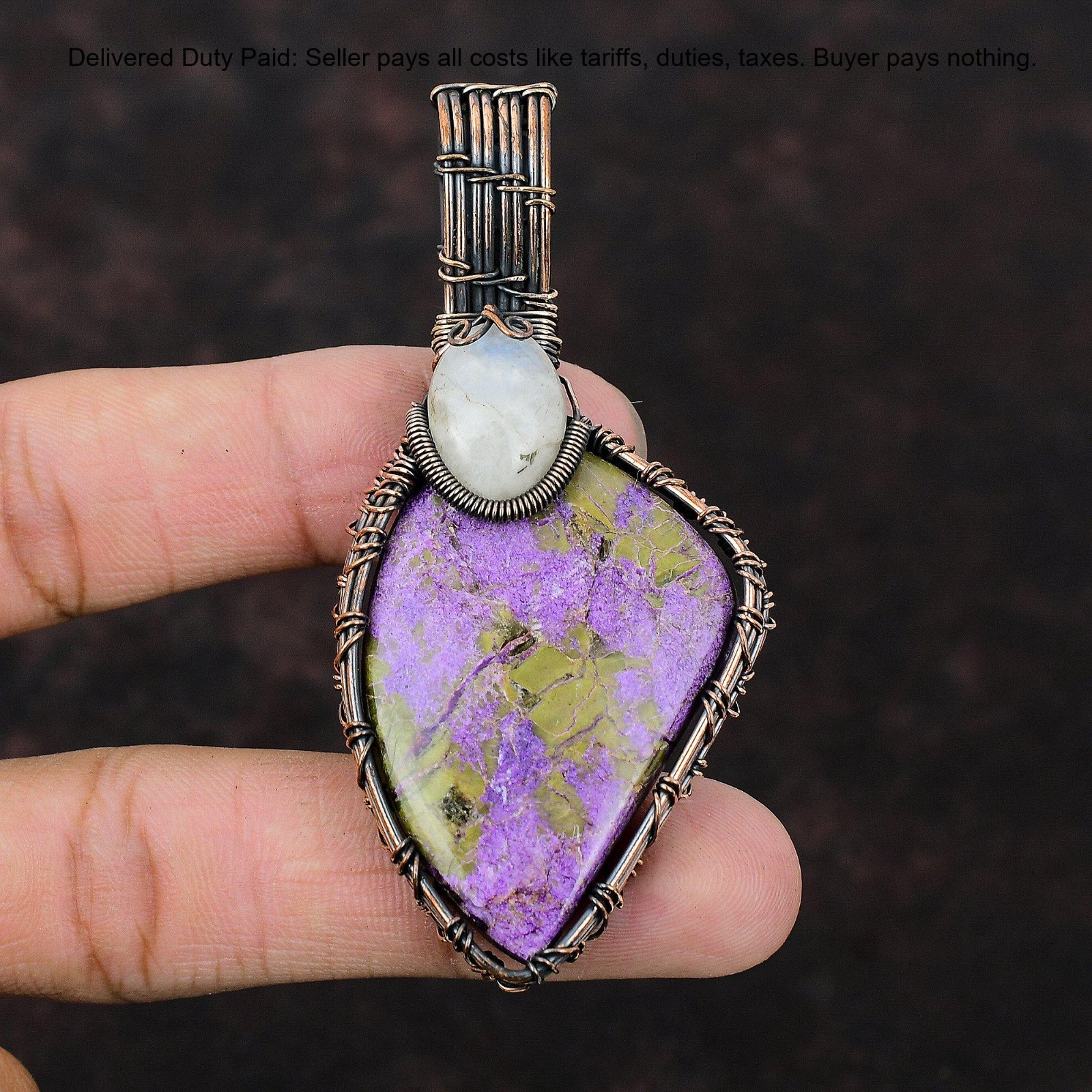 Copper Trillion Stichtite Gemstone Art Deco Daughter Wire Wrap Artisan Pendant