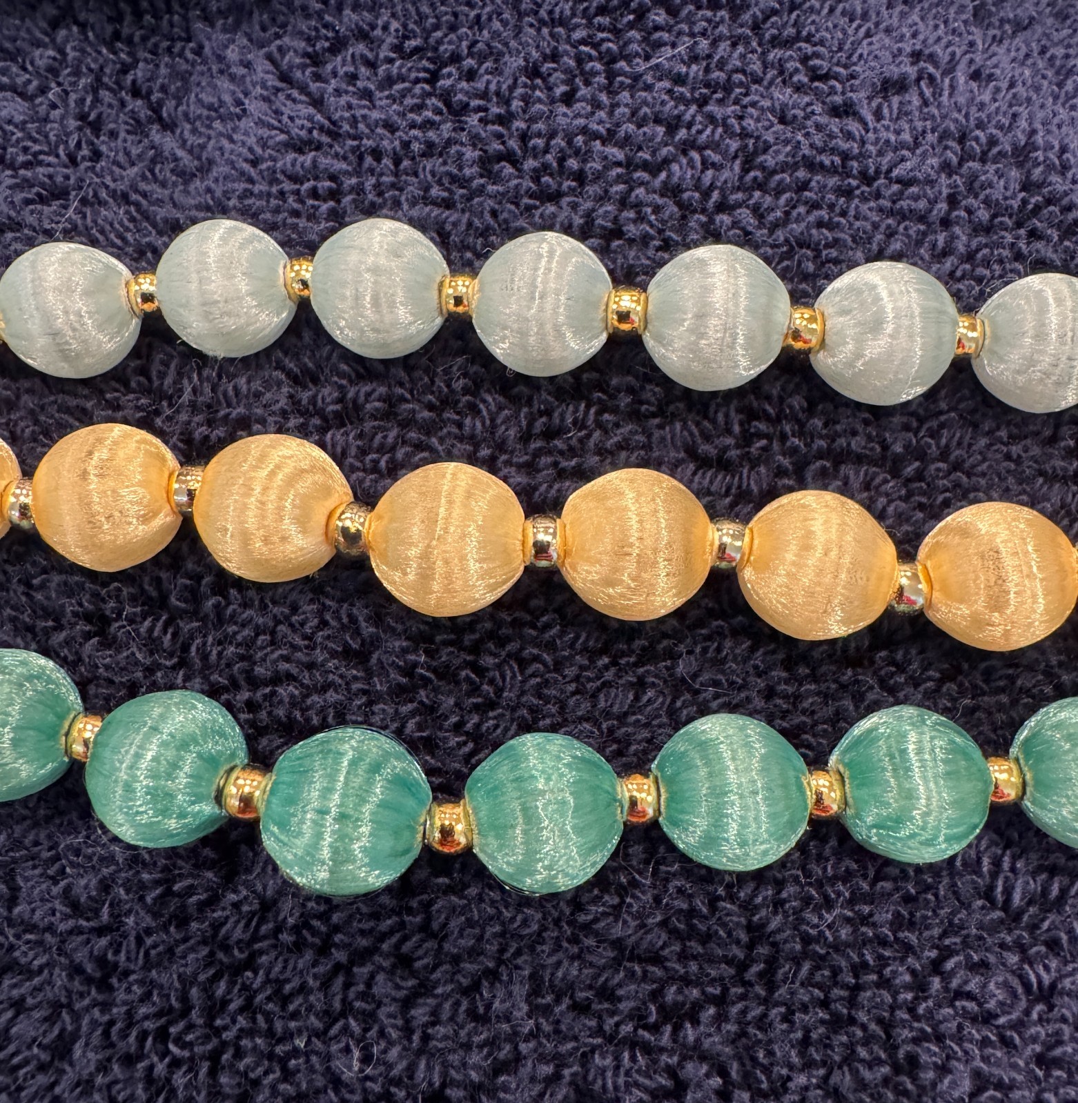 Set of 3 colors -30″ Silk Thread Wrapped Bead Necklace Gold Tone Spacers 12mm