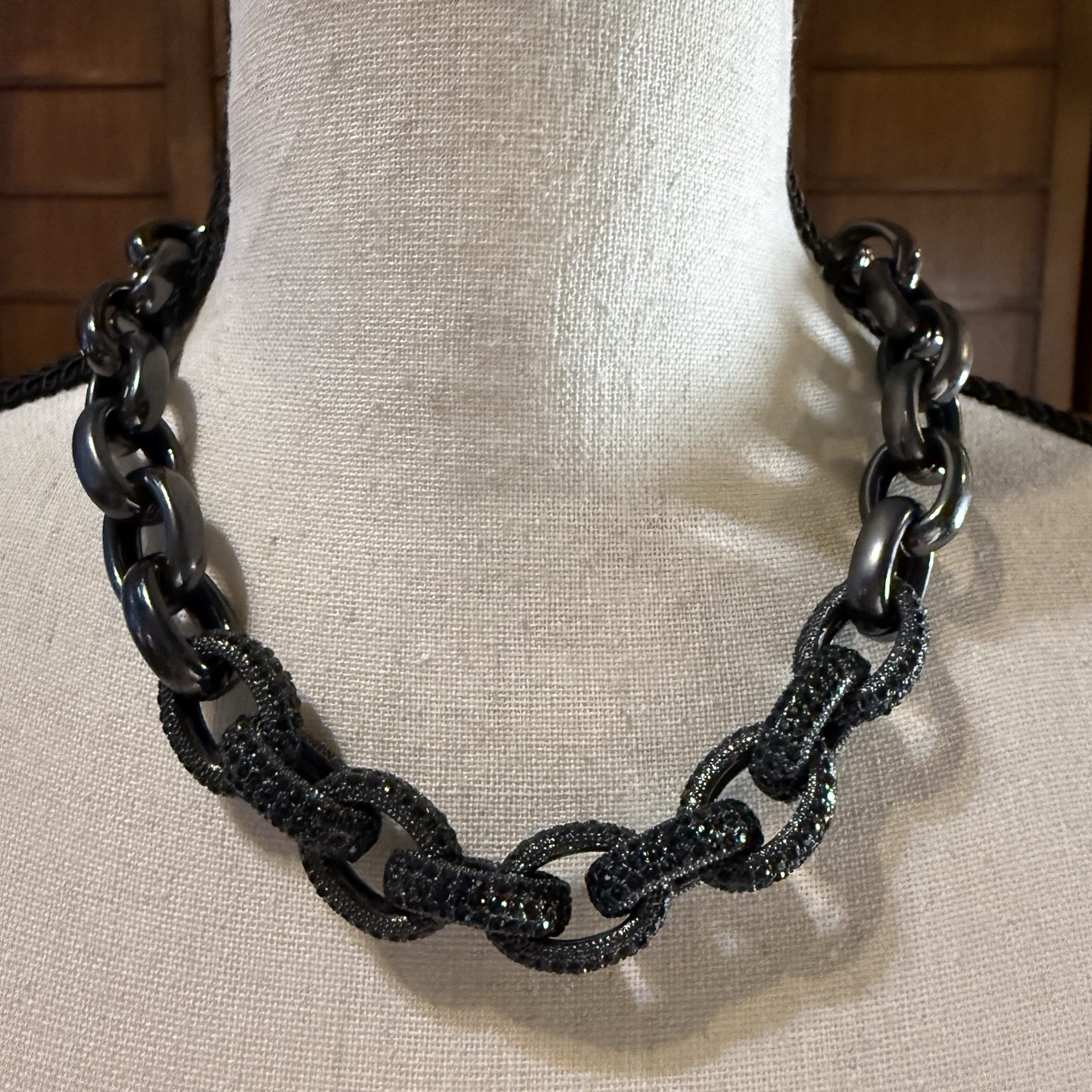 Gothic Heavy Chunky Chain Link Black Crystal Gunmetal Statement Necklace 17”-20”