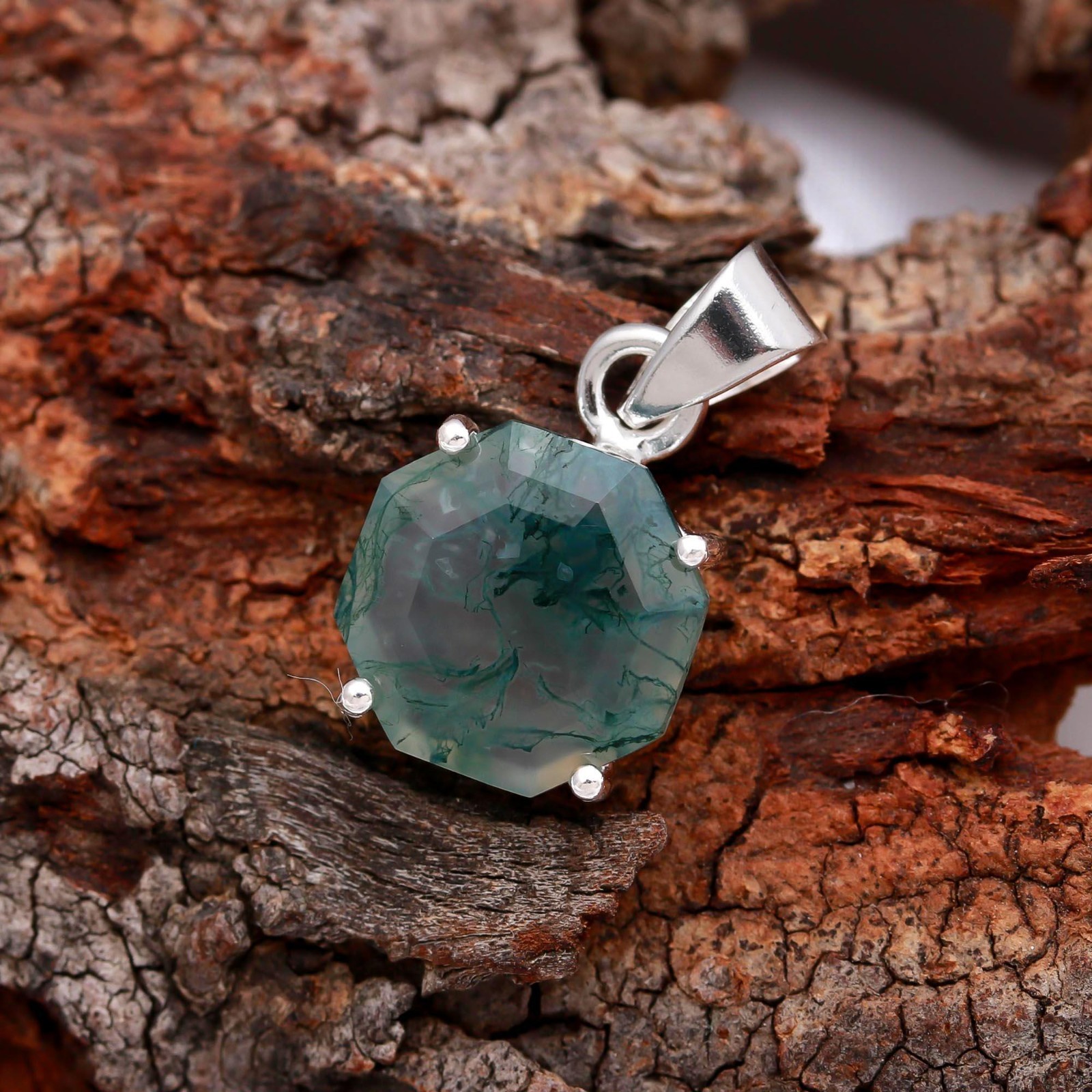 Natural Moss Agate Octagon Pendant 925 Sterling Silver Jewelry Gift For Birthday