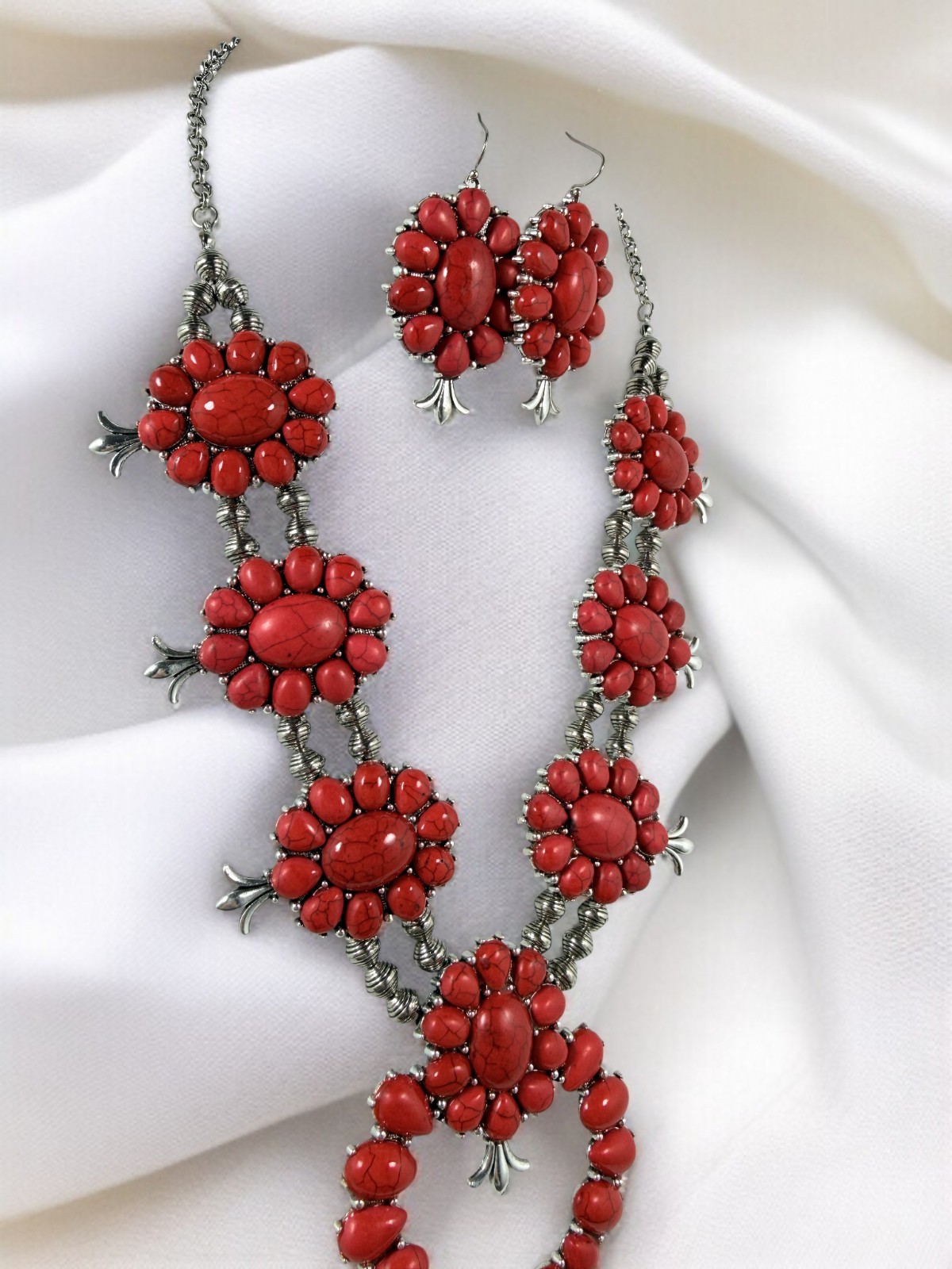 Western Summer Red Faux Turquoise Squash Blossom Statement Necklace & Earrings