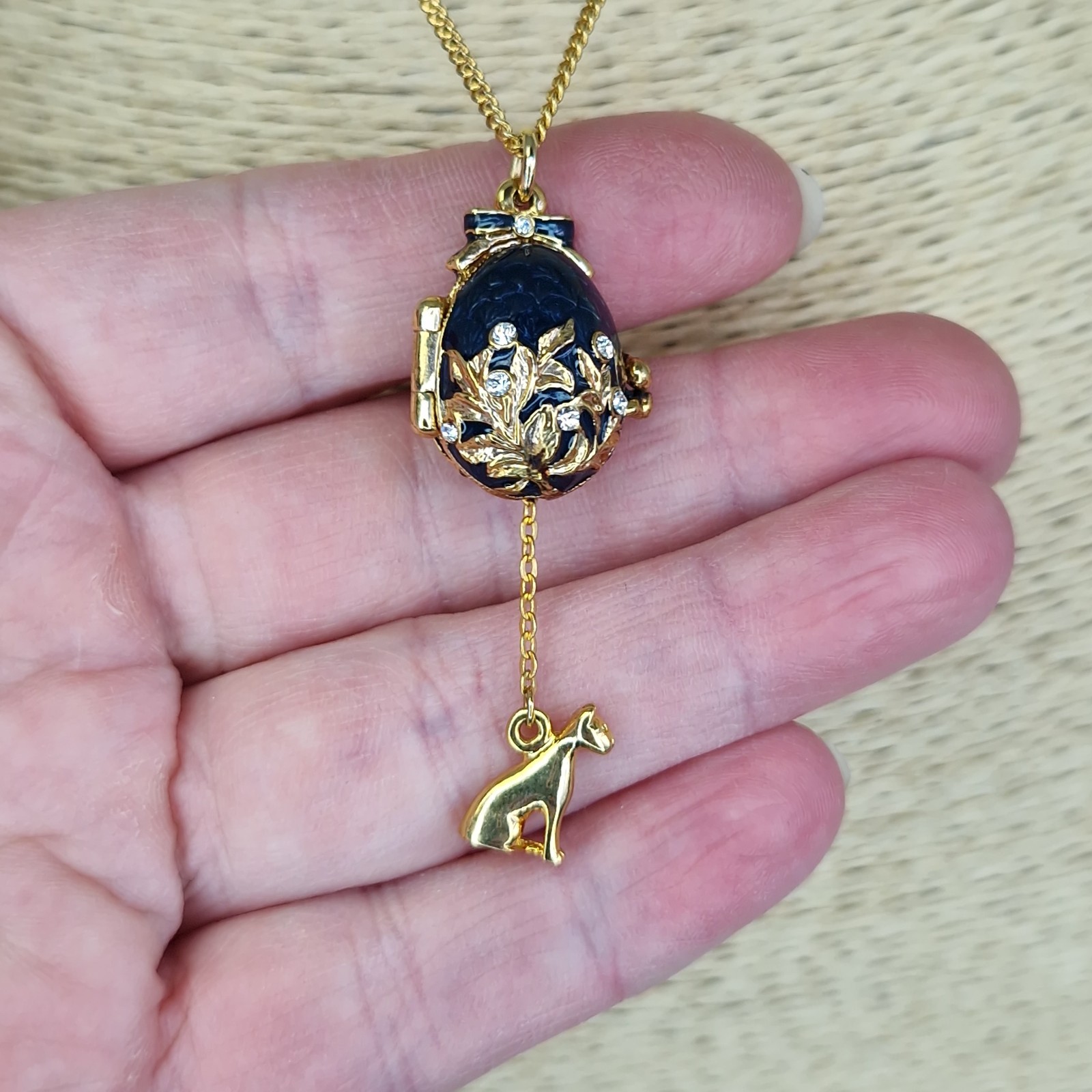 Enamel Easter Egg Locket Necklace Dangly Hidden Charm Sphix Jeweled Louvre 46cm