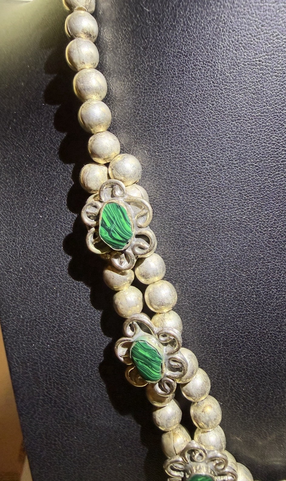 Vintage Southwestern Silver Bead Necklace w/ Malachite Stones & Naja Pendant