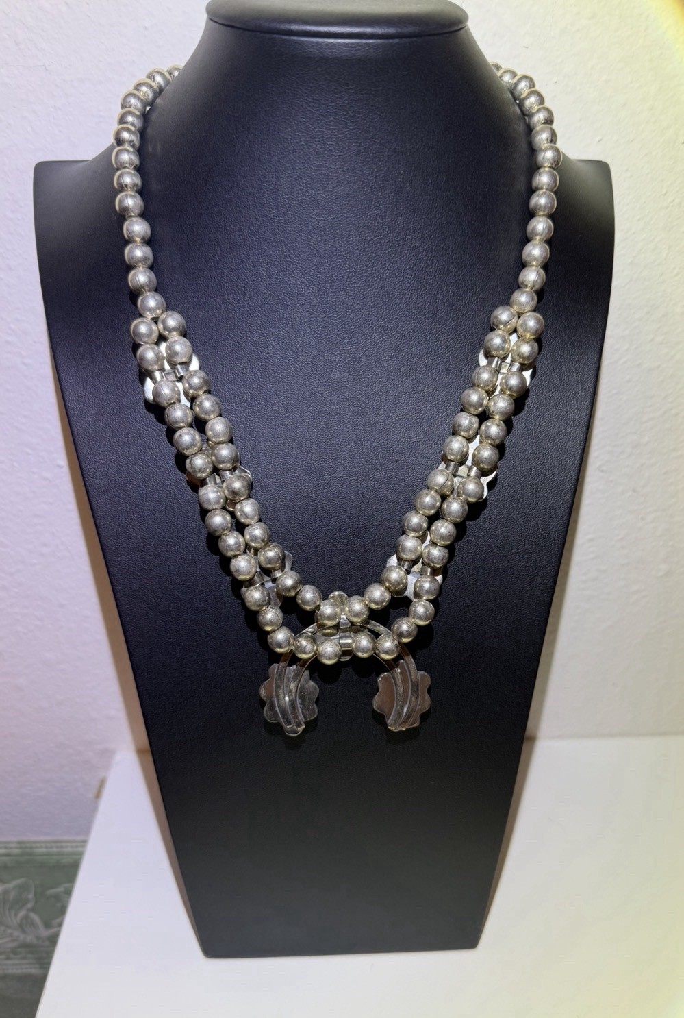 Vintage Southwestern Silver Bead Necklace w/ Malachite Stones & Naja Pendant