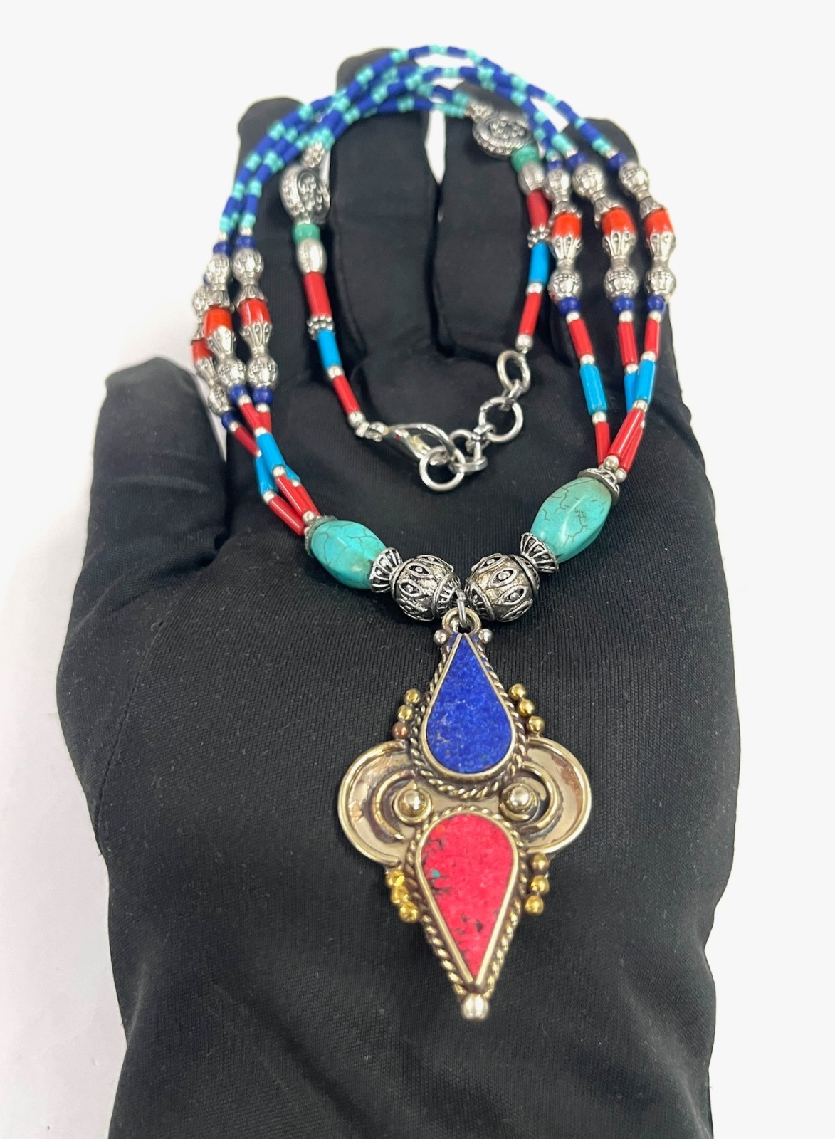 Red Coral Turquoise Gemstone Tibetan Handmade Necklace Jewelry, 18 Inc Adjst